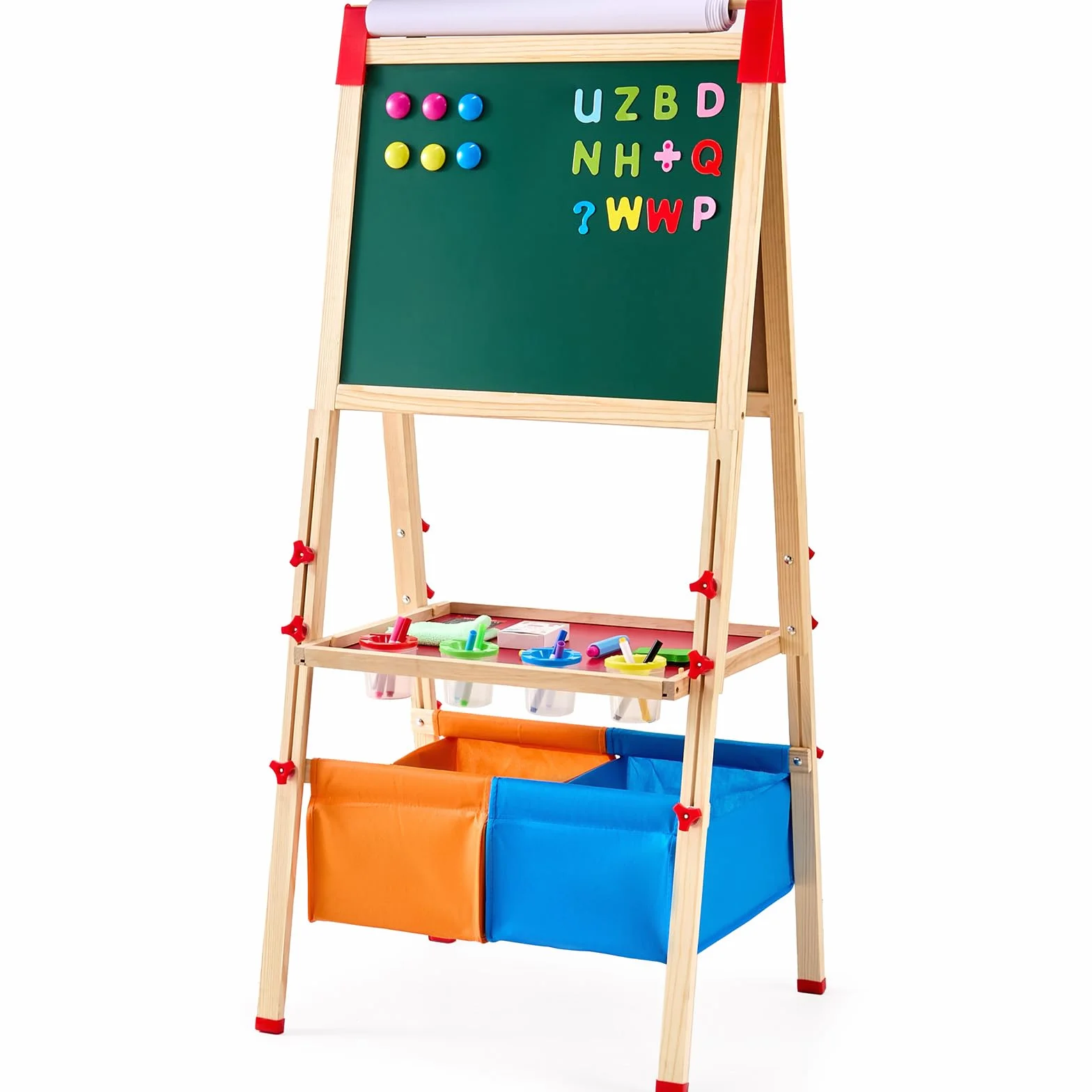 VEVOR 3 w 1 dwustronna drewniana sztaluga dla dzieci z tablicą magnetyczną, tablicą, rolką papieru i miejscem do przechowywania, regulowana sztaluga artystyczna z akcesoriami do malowania dla dzieci