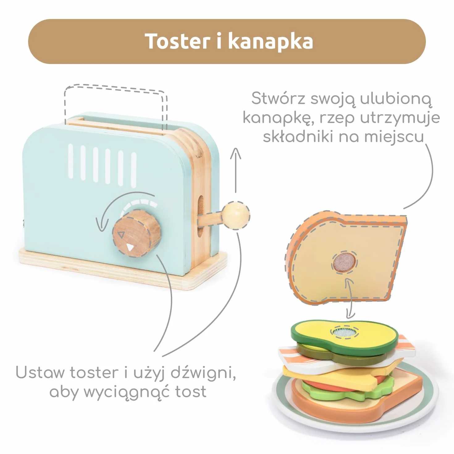 UMU® Drewniany toster i kanapka zabawka kuchenna – w zestawie toster pop-up, krojenie masła, akcesoria kuchenne dla dzieci i wielu innych, drewniana zabawka dla dzieci w wieku od 3, 4, 5, 6 lat