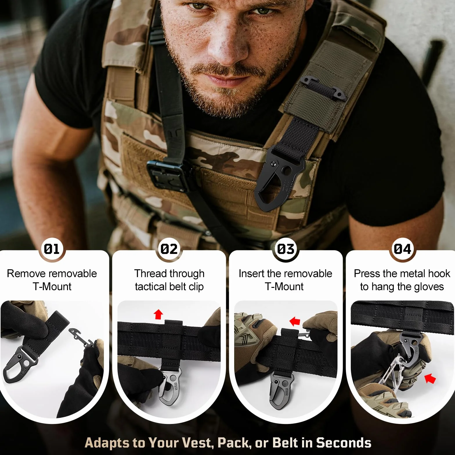 Molle klips metalowy 2 w 1 karabińczyk z mocowaniem T i szybkim zapięciem – uchwyt na klucze, akcesoria Molle na klucze, rękawice i narzędzia, pasuje do paska, kamizelki i plecaka