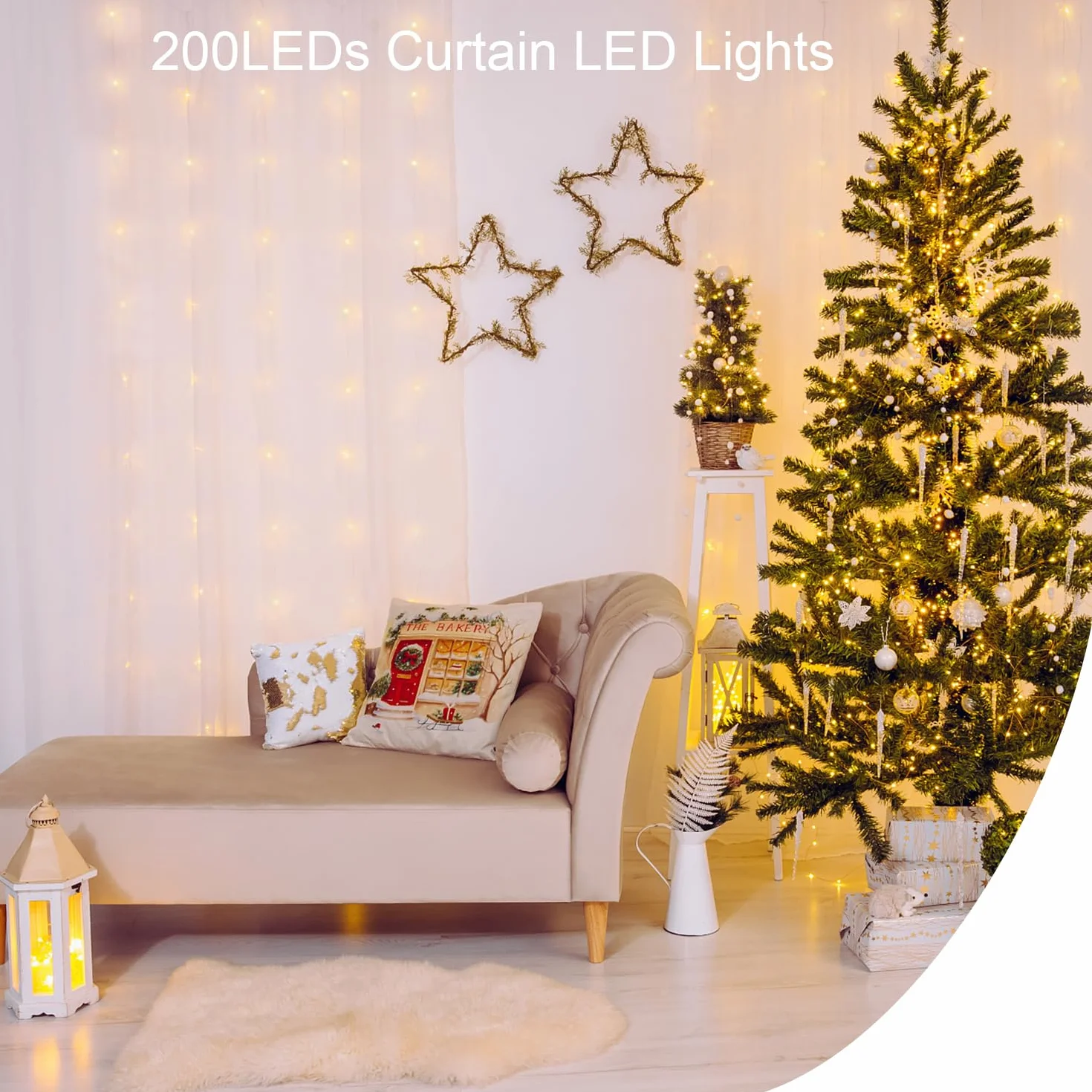 Kurtyna łańcuch świetlny 2 x 2 m, zasłona świetlna LED do wewnątrz, 200 diod LED, wisząca zasłona świetlna USB, ciepła biel, na Boże Narodzenie, ślub, przyjęcie, ścianę, dekoracje domu