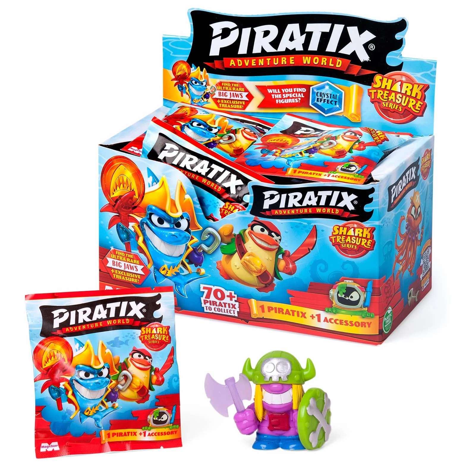 PIRATIX Seria Shark Treasure One Pack 24szt.– Pudełko zawiera 24 saszetki z kolekcjonerskimi figurkami piratów z serii Shark Treasure. Każda saszetka zawiera 1 figurkę Piratix i 1 akcesorium.