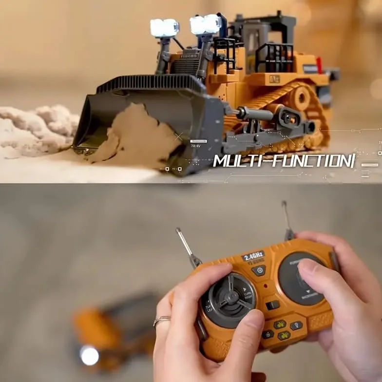 RC Bulldozer, 9-kanałowy zdalnie sterowany buldożer, zabawka 1:20, w pełni funkcjonalny pojazd RC gąsienicowy ze światłem i efektami dźwiękowymi