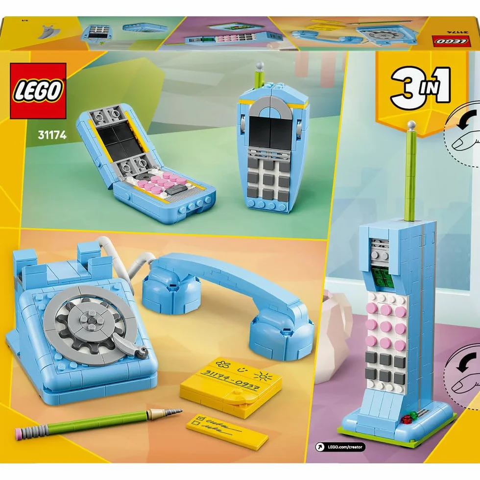 LEGO Creator 31174 Retro Telefon 3 w 1 z Obrotową Tarczą, Przekształca się w Model z Lat 80. lub 2 Telefony Komórkowe, Kreatywny Prezent 8+