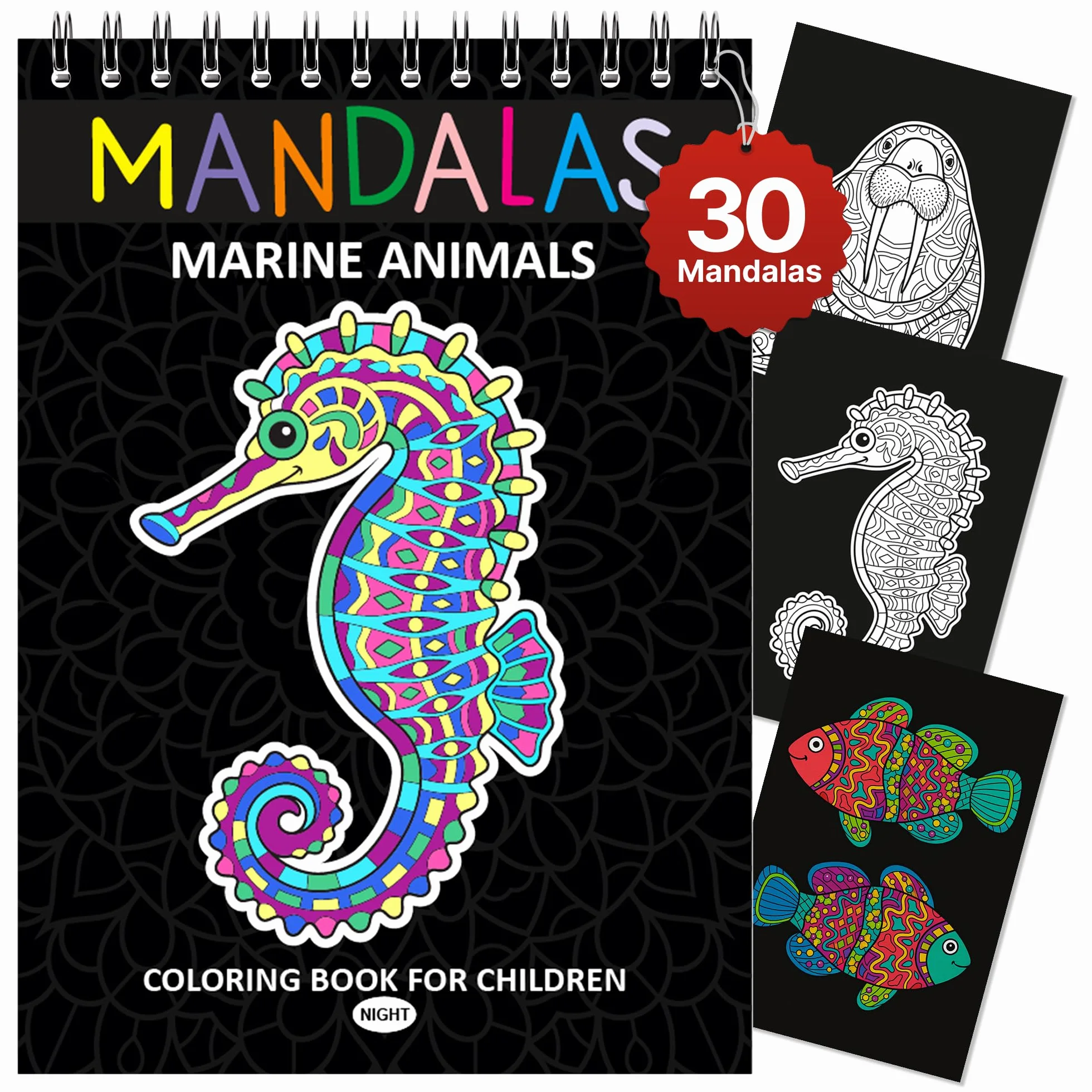 Finoly Mandala Kolorowanka dla Dzieci z 30 Wzorami | Animal Mandala Coloring Book | Mandala Kolorowanki dla Dzieci z Morskimi Zwierzętami A4 | Papier Premium | Spiralne Wiązanie (Dzień)