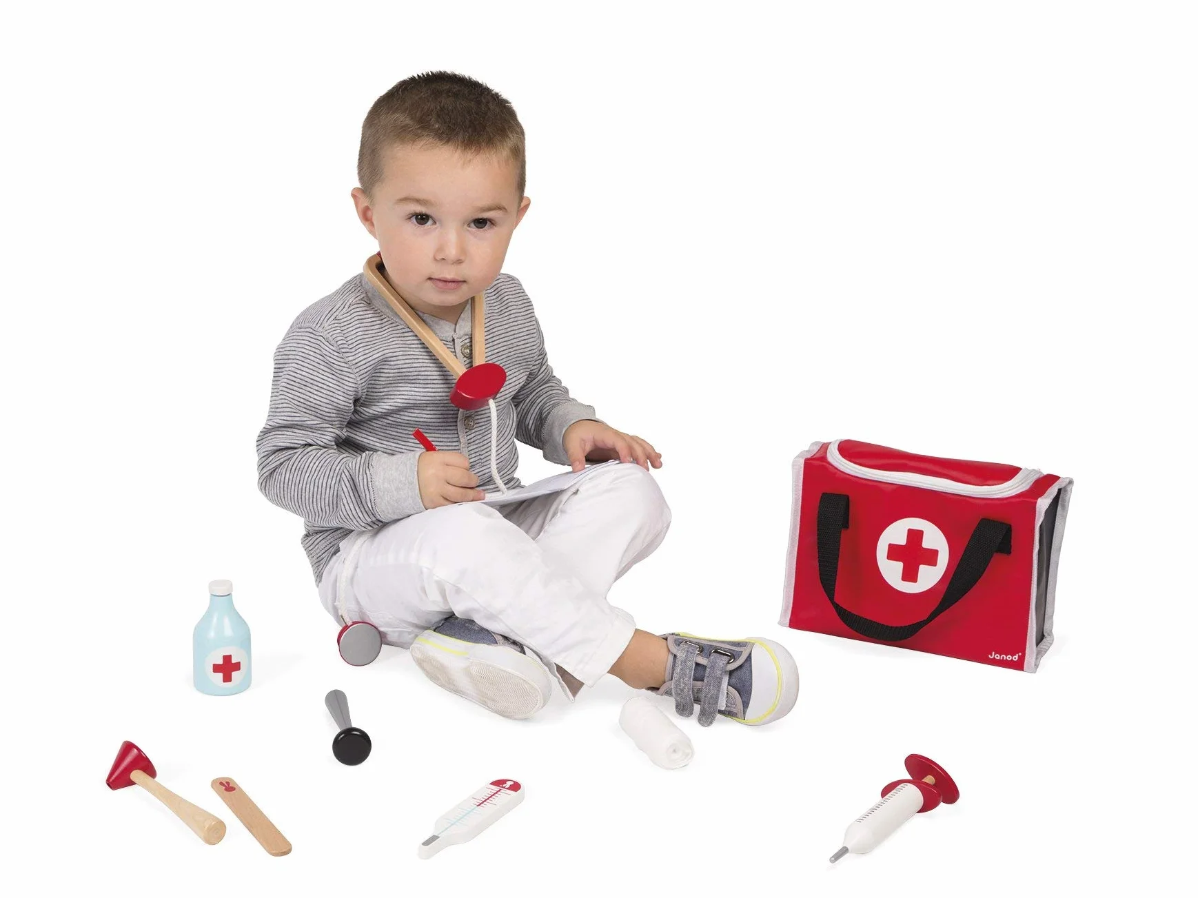 Janod - Doctor's Suitcase for Children - 10 Solid Wood Accessories Included - Prentend Play Toy - For children from the Age of 3, J06513, Red