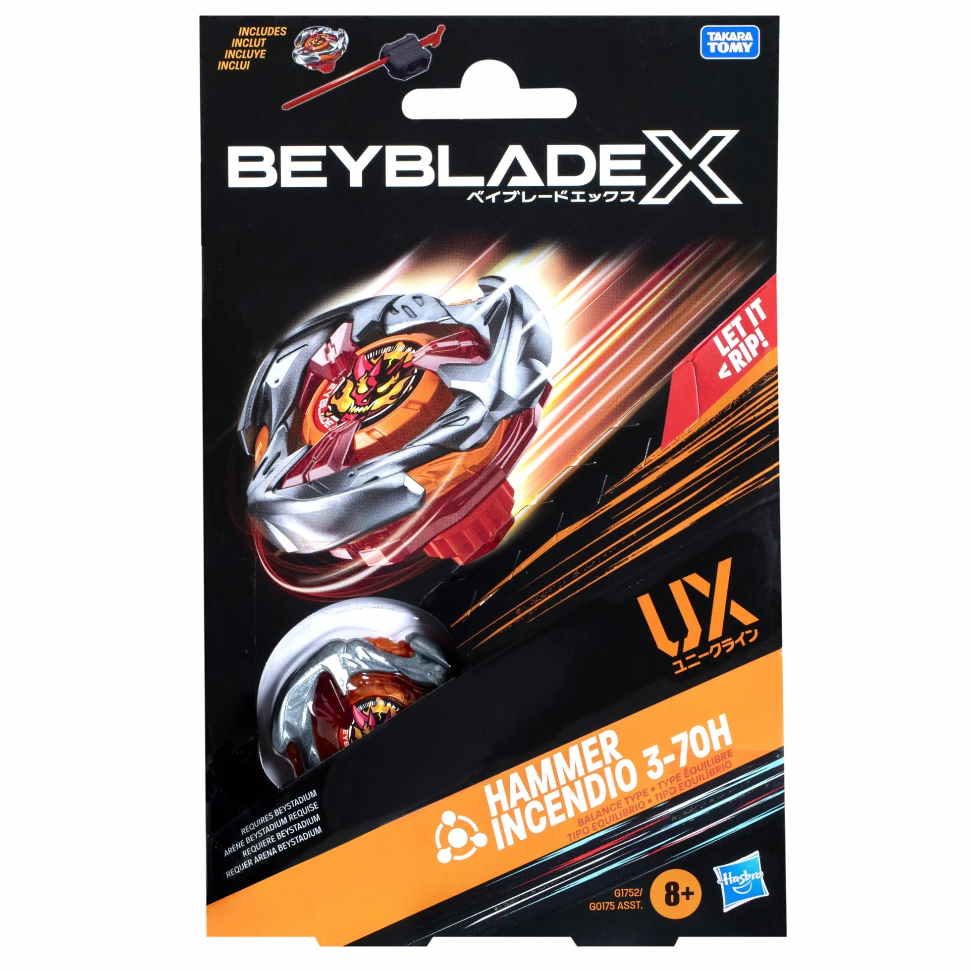 Pakiet startowy Beyblade X Hammer Incendio 3-70H UX, bączek i wyrzutnia