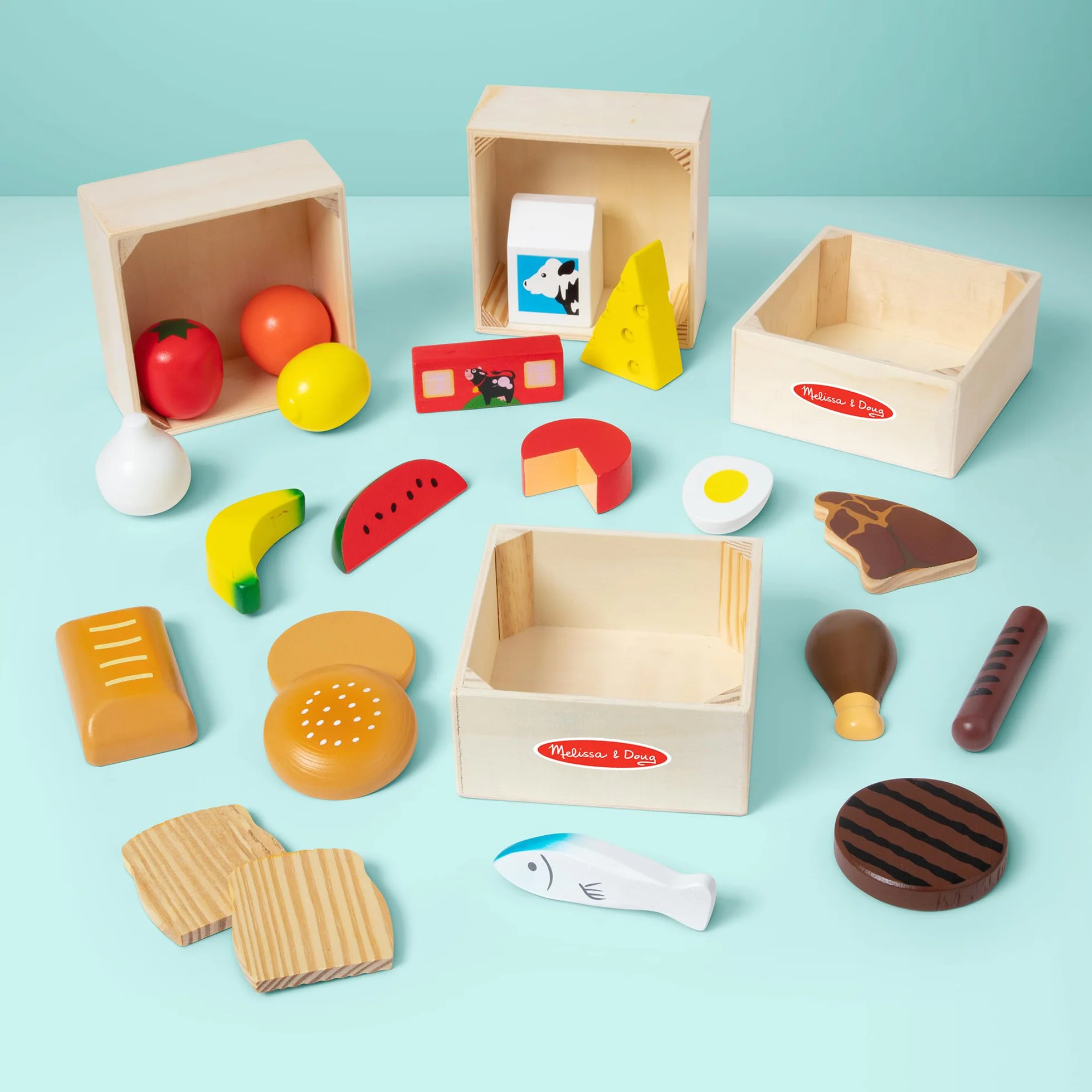Melissa & Doug Drewniane produkty spożywcze do zabawy | Zabawa w udawanie | Drewniane jedzenie do zabawy |Zabawka Montessori | Prezent dla dzieci w wieku 3 4 5 lat | Dla chłopca lub dziewczynki