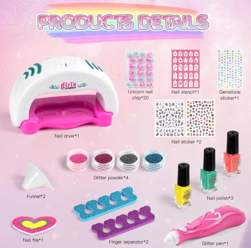 Aomig Zestaw do manicure dla dziewczyn, zestaw farb do paznokci, zestawy do salonu Manicure dla dzieci z suszarką do paznokci naklejki brokatowe pilniki do paznokci na urodziny Boże Narodzenie Dzień