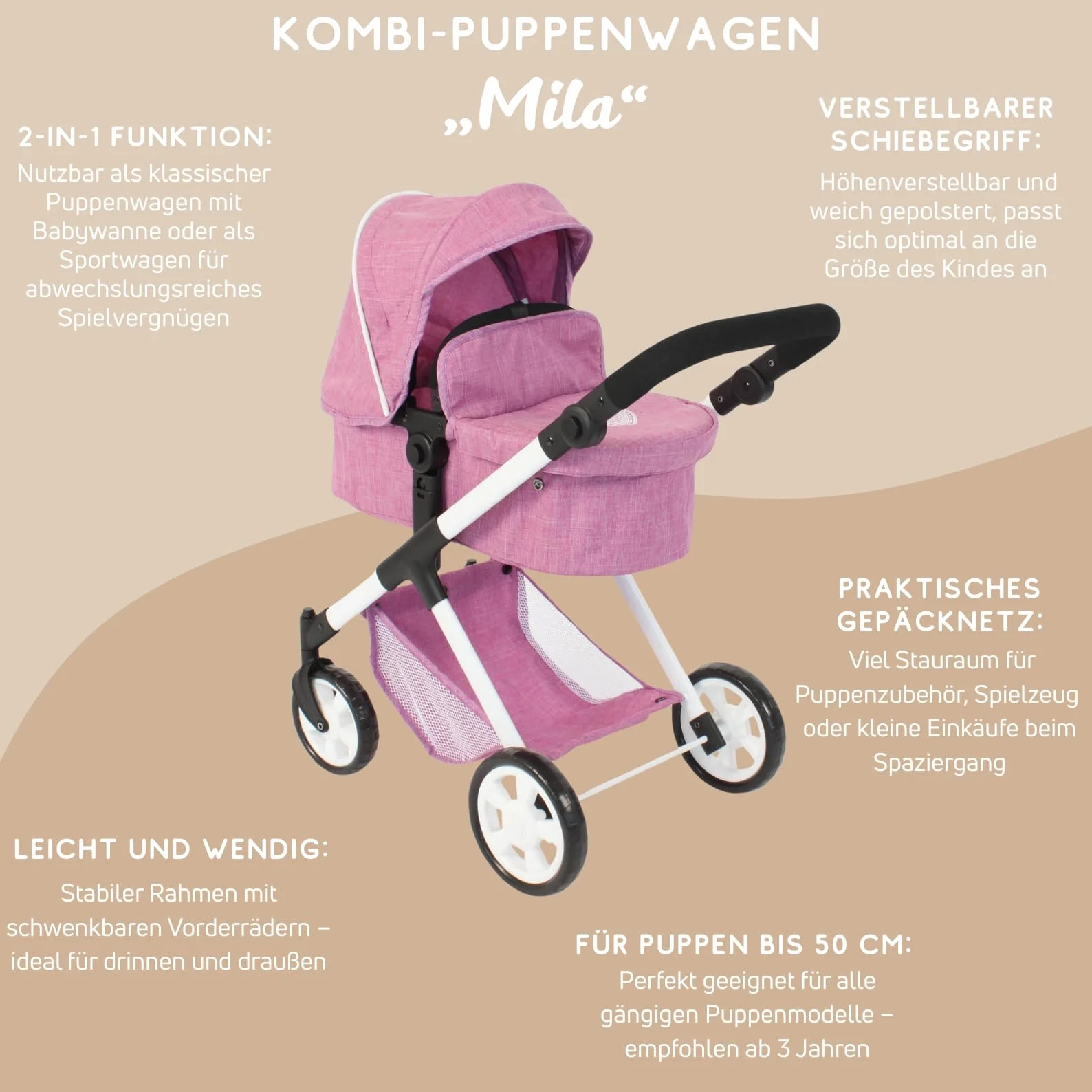 Bayer Chic 2000 2 w 1 wózek dla lalek Mila – dżinsy różowe – uchwyt z regulacją wysokości 39-72 cm – nowoczesny stelaż – lalki do 50 cm – 3-7 J.