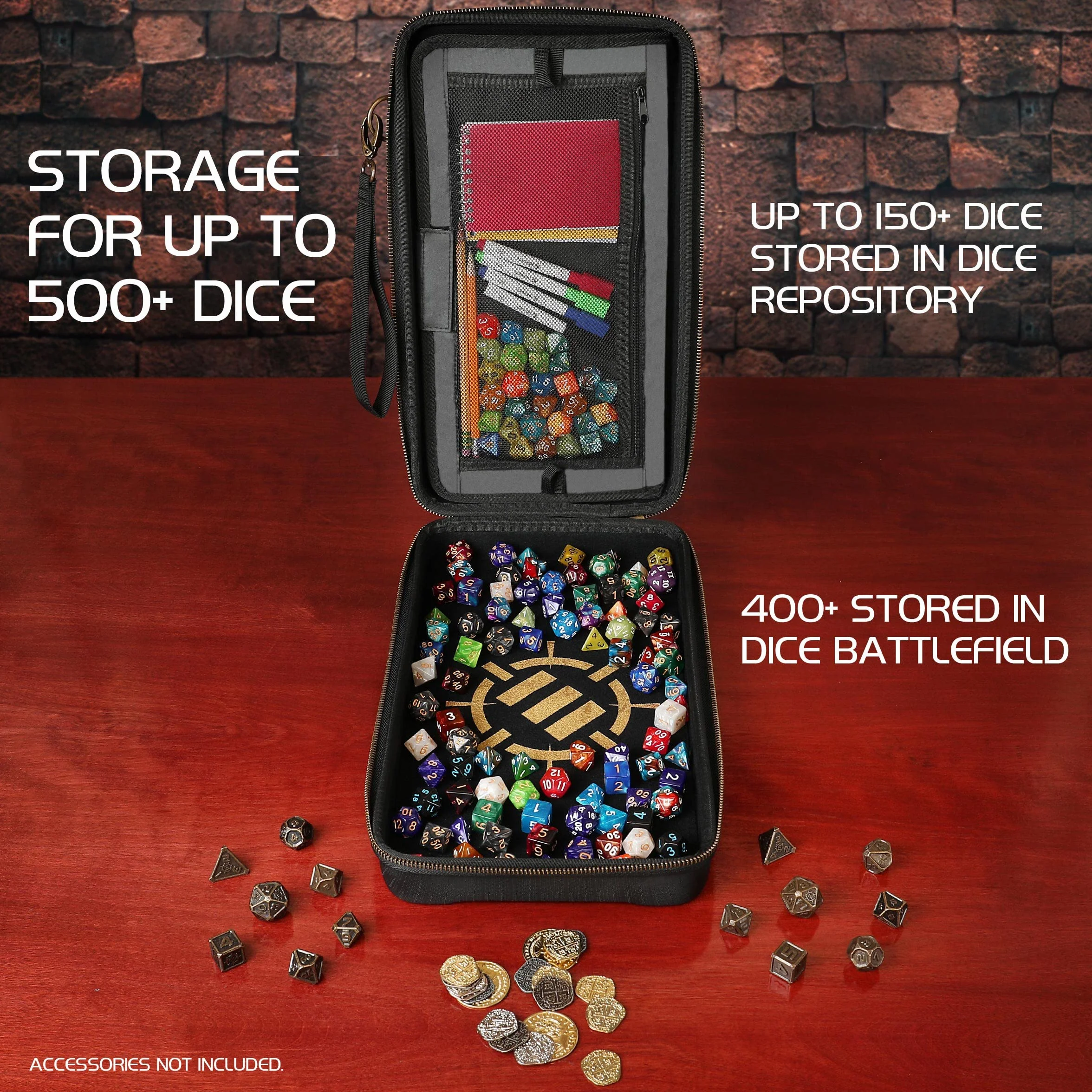 ENHANCE Tabletop Community DnD Dice Case and Tray - uchwyt na kości, przechowywanie do 500 kości RPG, wytrzymały konstrukcja ochronna, miękki wnętrze i kieszenie organizera
