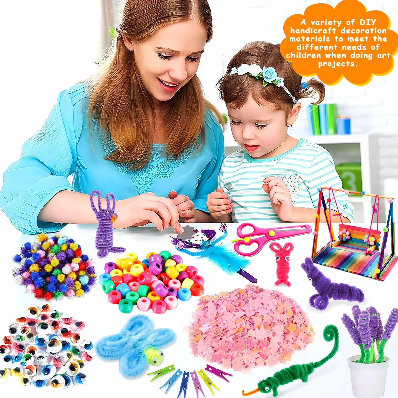FAMKEEP Zestaw do majsterkowania dla dzieci, 1800 sztuk, sztuka i rękodzieło dla dzieci, akcesoria do majsterkowania, scrapbooking, brokatowe pompony, pióra, guziki, cekiny, perły, prezent, cekiny
