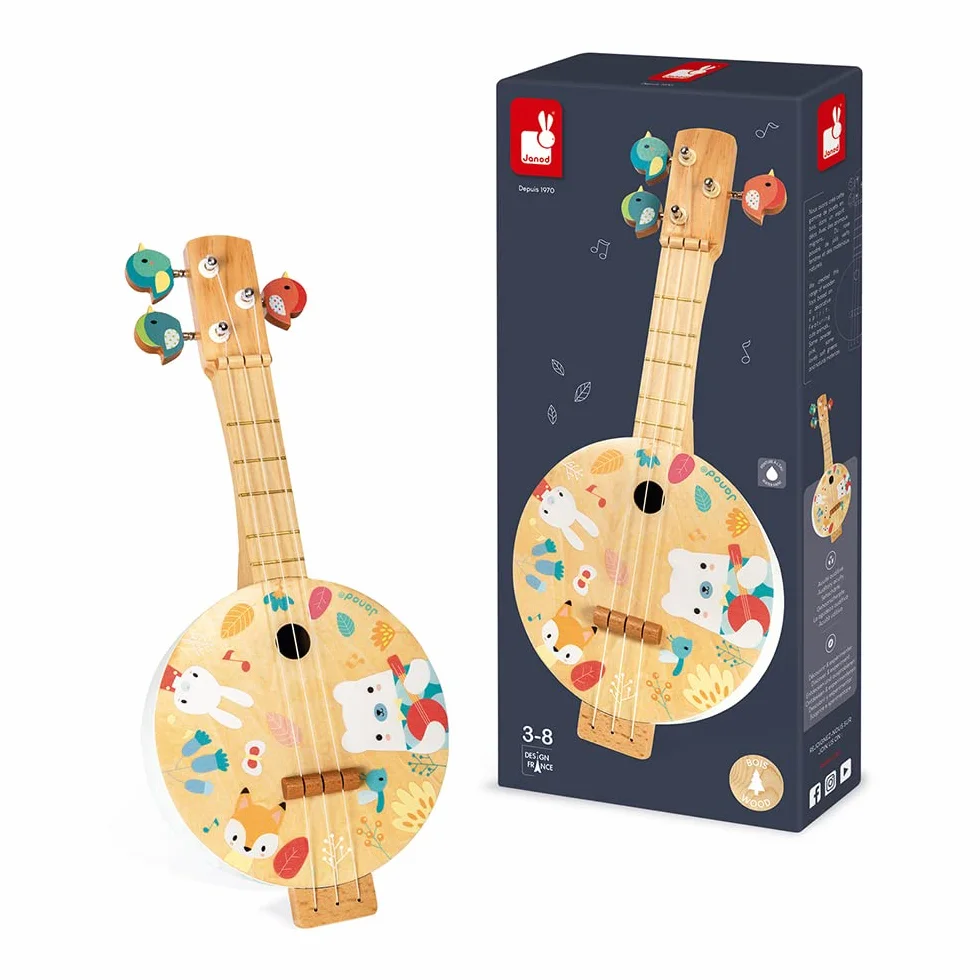 Janod - Wooden Pure Banjo - Printed with Pretty Illustrations, Water Based Paint - Bird-Shaped Tuning Keys - Imitation Toy - 3 Spare Cords - Banjo for Children - from 3 Years Old, J05160
