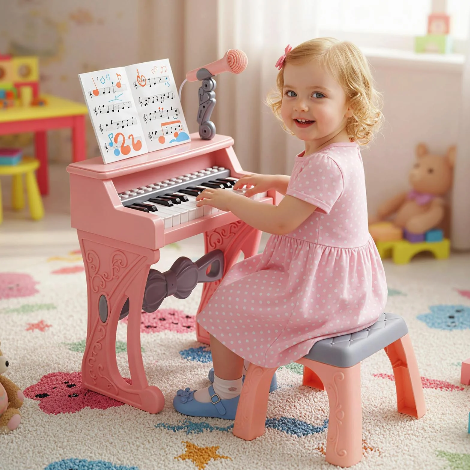 COSTWAY Klawiatura dla dzieci z 25 przyciskami, elektroniczna z taboretem, mikrofonem i stojakiem na nuty, przenośny instrument muzyczny, pianino dziecięce, klawiatura fortepianowa dla dzieci od 3 lat