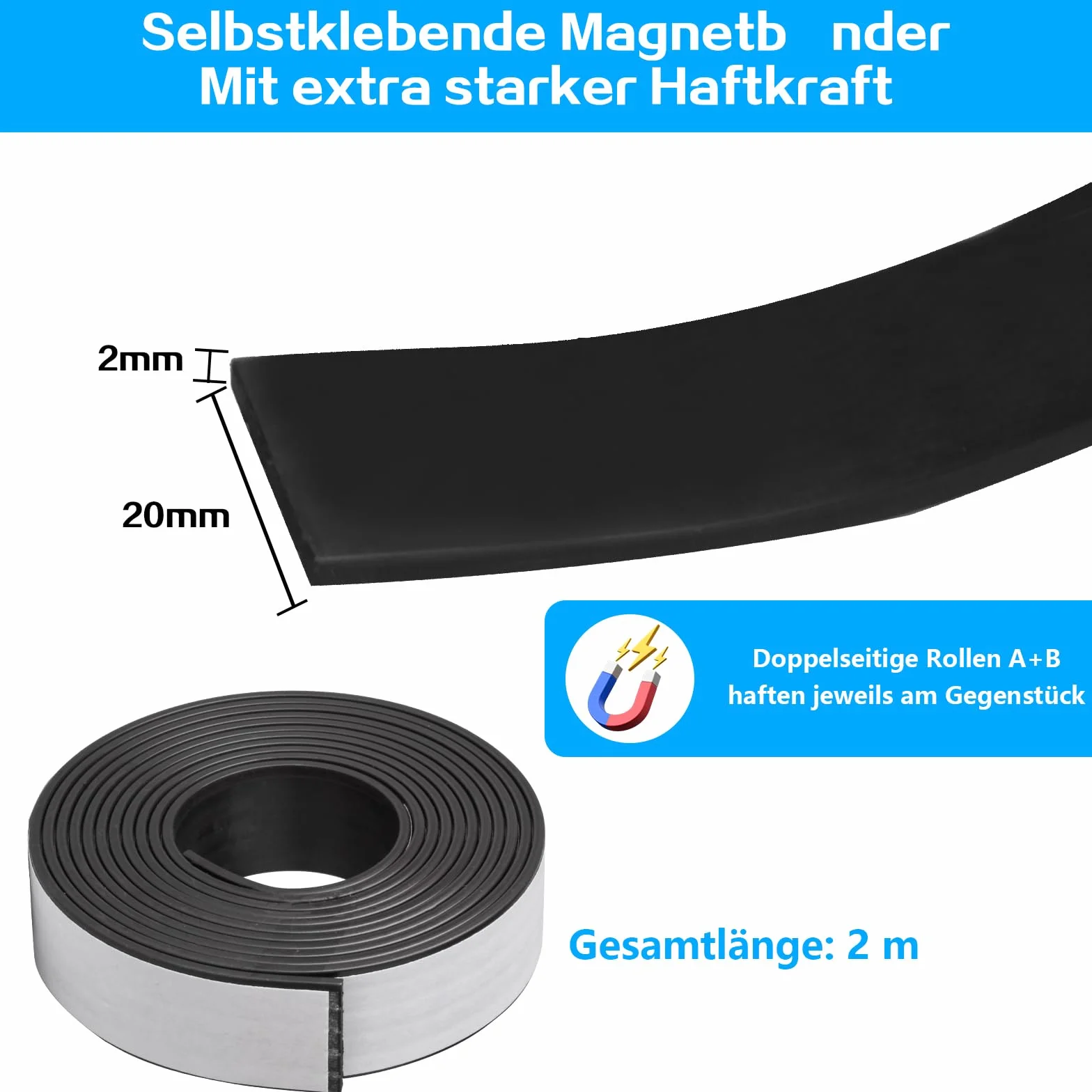 2 rolki taśmy magnetycznej A+ B, samoprzylepna, mocna, 20 mm x 2 m, taśma magnetyczna, mocny klej, magnesy klejące, mocne magnesy do moskitiery okiennej