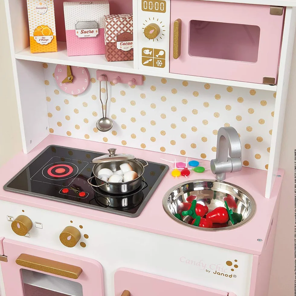 Janod - Candy Chic Big Wooden Cooker for Children - Equipped with Fridge and Microwave, Sound and Light - Pretend Play - 6 Accessories Included - For children from the Age of 3, J06554, Pink and White