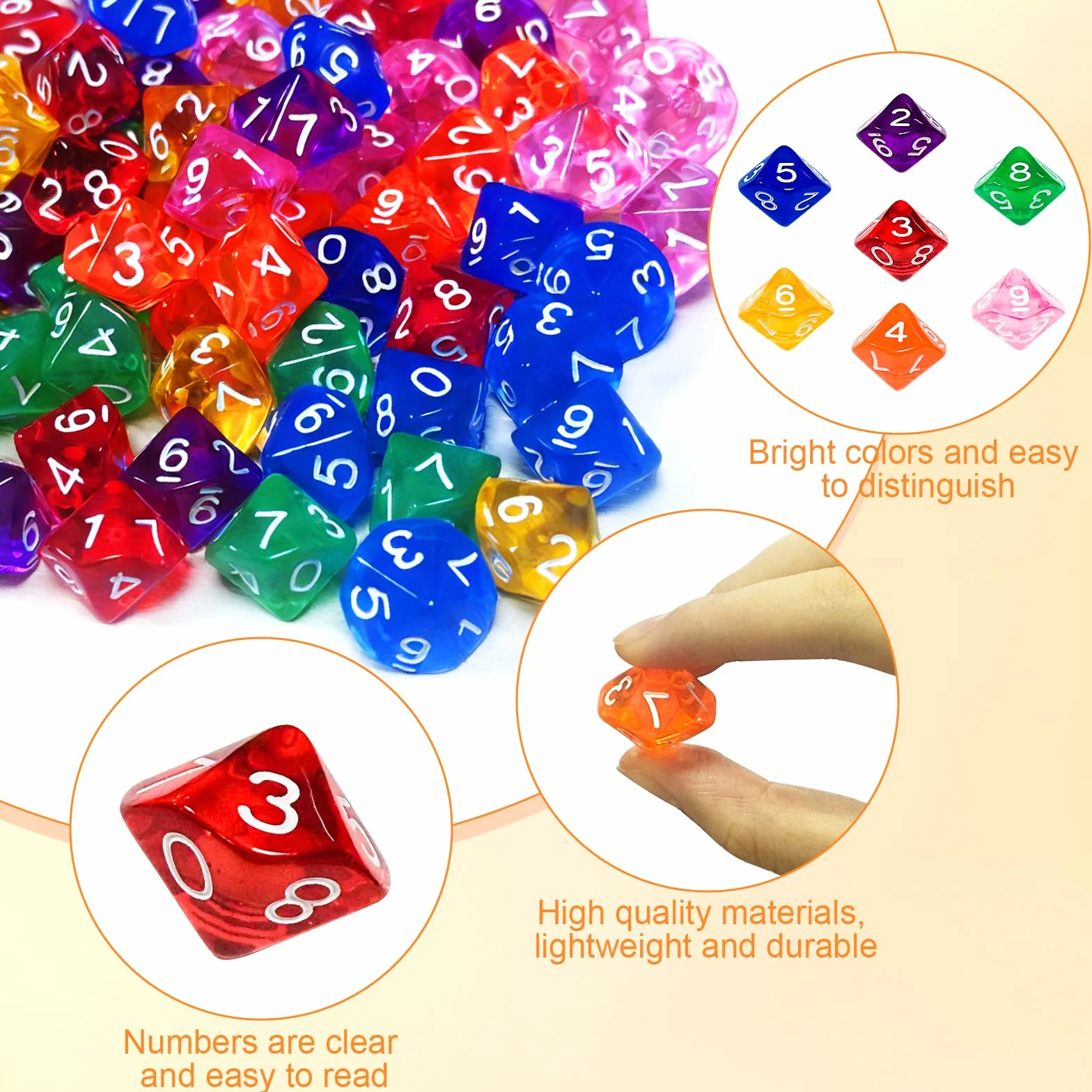 Wielościenne kostki zestaw 60 sztuk akrylowych Dice kolorowe D10 kostki do gry w D&D/RPG/MTG Table Games Board Game Card Game Game Role Play do aktywności rozrywkowych, spotkań rodzinnych, miejsc