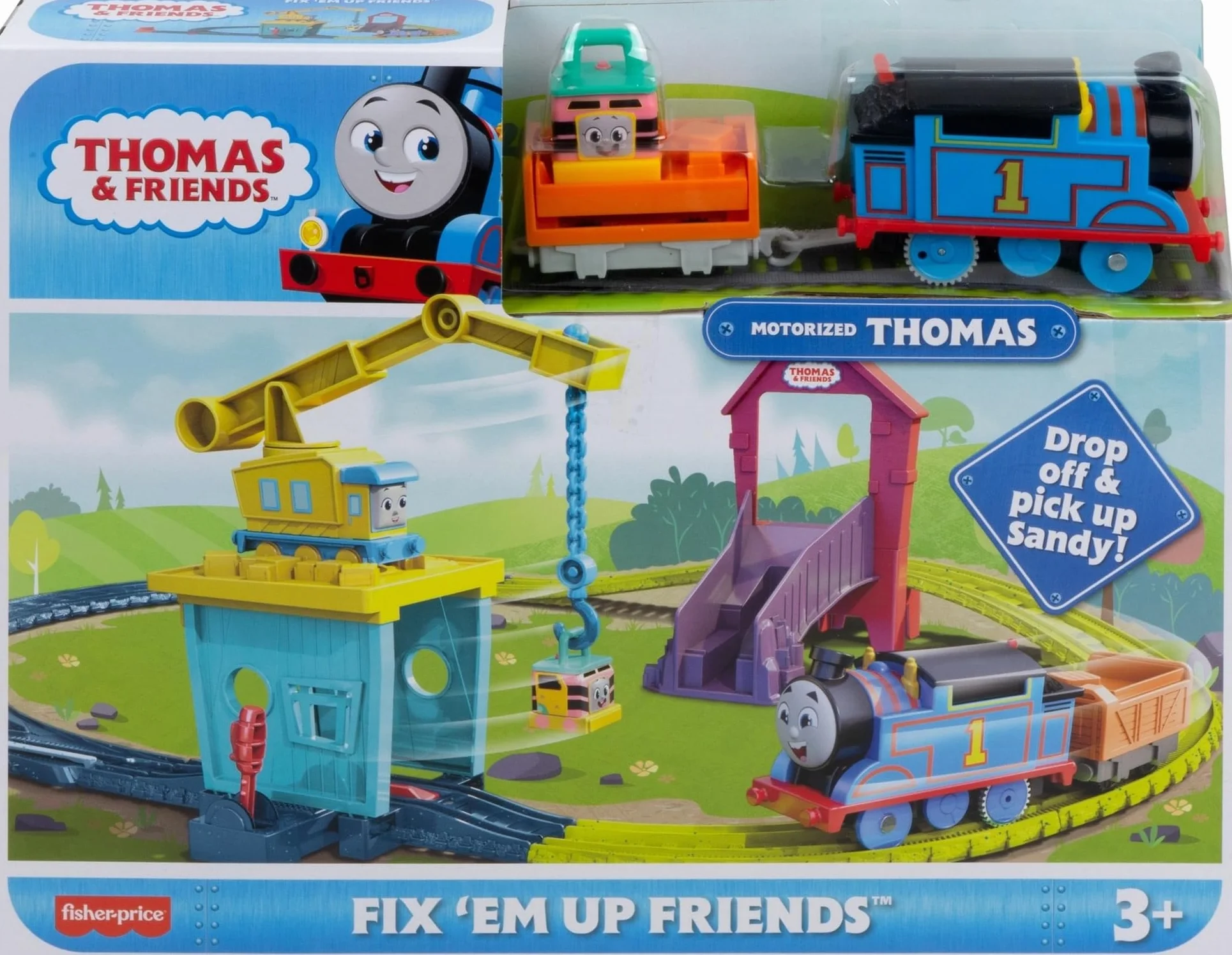 Thomas & Friends Motorized Toy Train Set Fix 'em Up Friends with Carly the Crane & Sandy the Rail Speeder for Preschool Kids Ages 3+ Years, HDY58