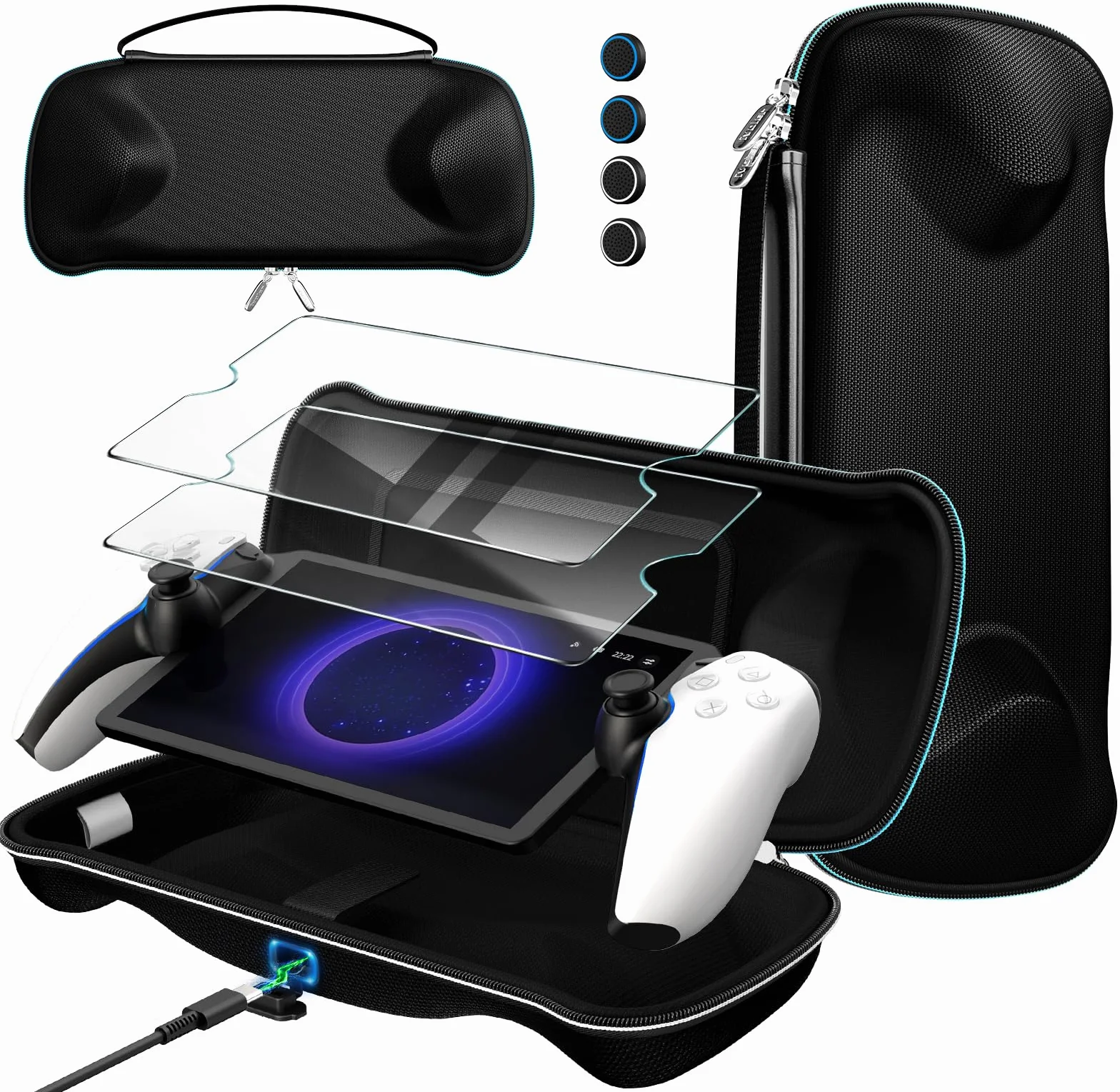 iVoler Etui do PlayStation Portal Remote Player z funkcją ładowania + 2 szt. szkła hartowanego. Sztywna torba podróżna, wstrząsoodporna, czarna