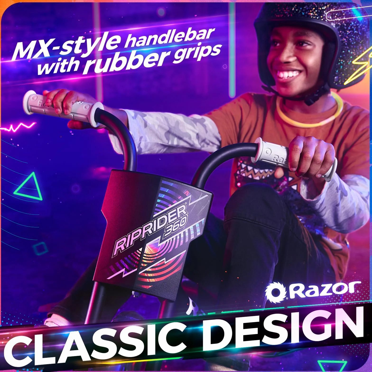 Razor RipRider 360 Lightshow - Trike z odlewami tylnymi i aktywowanymi ruchem wielokolorowymi światłami, 3-kołowy drifting dla dzieci w wieku 5 i powyżej