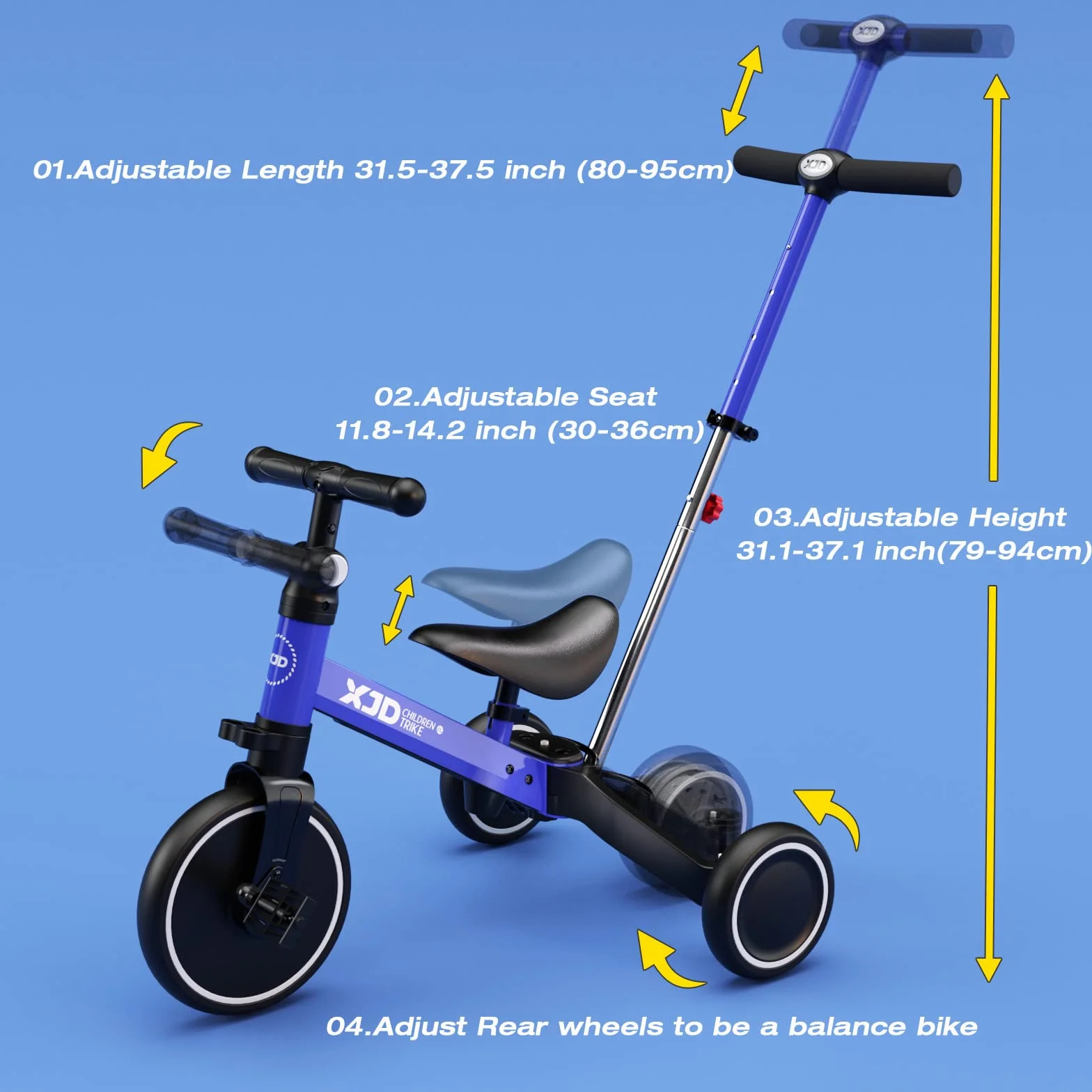XJD Rower trójkołowy 4 w 1 dla dzieci 1-3 lata, pierwszy rower treningowy równowagi z pedałem