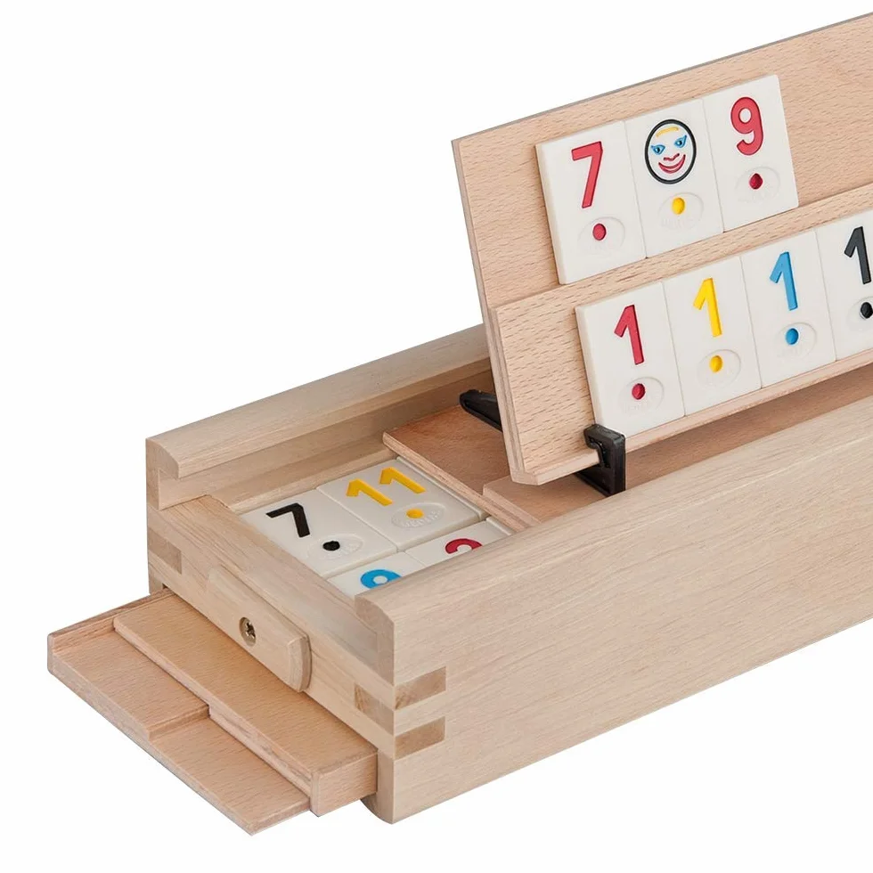 Rummy Spiel Medias – 106 płytek i pudełko do przechowywania z litego drewna bukowego
