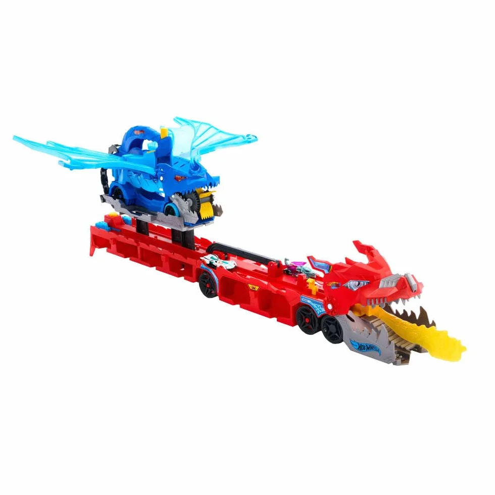 Hot Wheels City zestaw zabawkowych samochodów 2 w 1 i 2 samochody Die-Cast, duży smok i zdejmowany smok, z miejscem na ponad 20 pojazdów, JKJ79