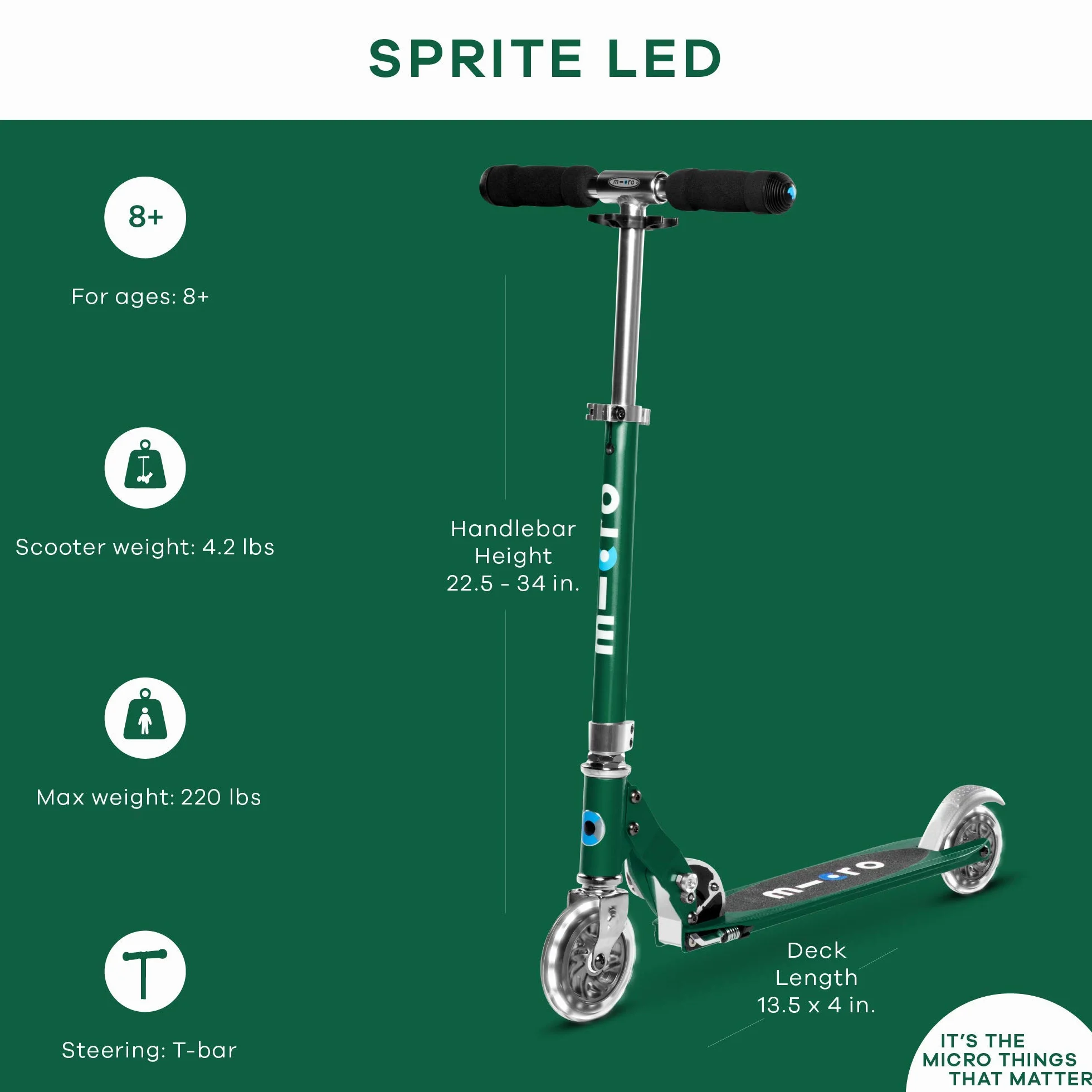 Micro Skutery Micro Sprite LED hulajnoga dziecięca, regulowana kierownica, podświetlane kółka, składana, 5-12 lat, chłopcy i dziewczęta