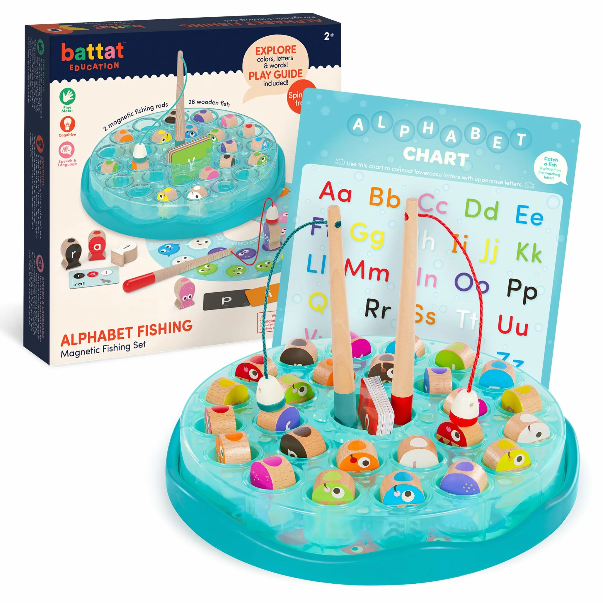 Battat Education 62243470095 Magnetyczna gra wędkarska z drewna z ABC i kolorowymi, nauka liter, zestaw wędkarski z 2 wędkami i 26 rybami dla dzieci od 2 lat, drewniana zabawka (58 części), niebieska
