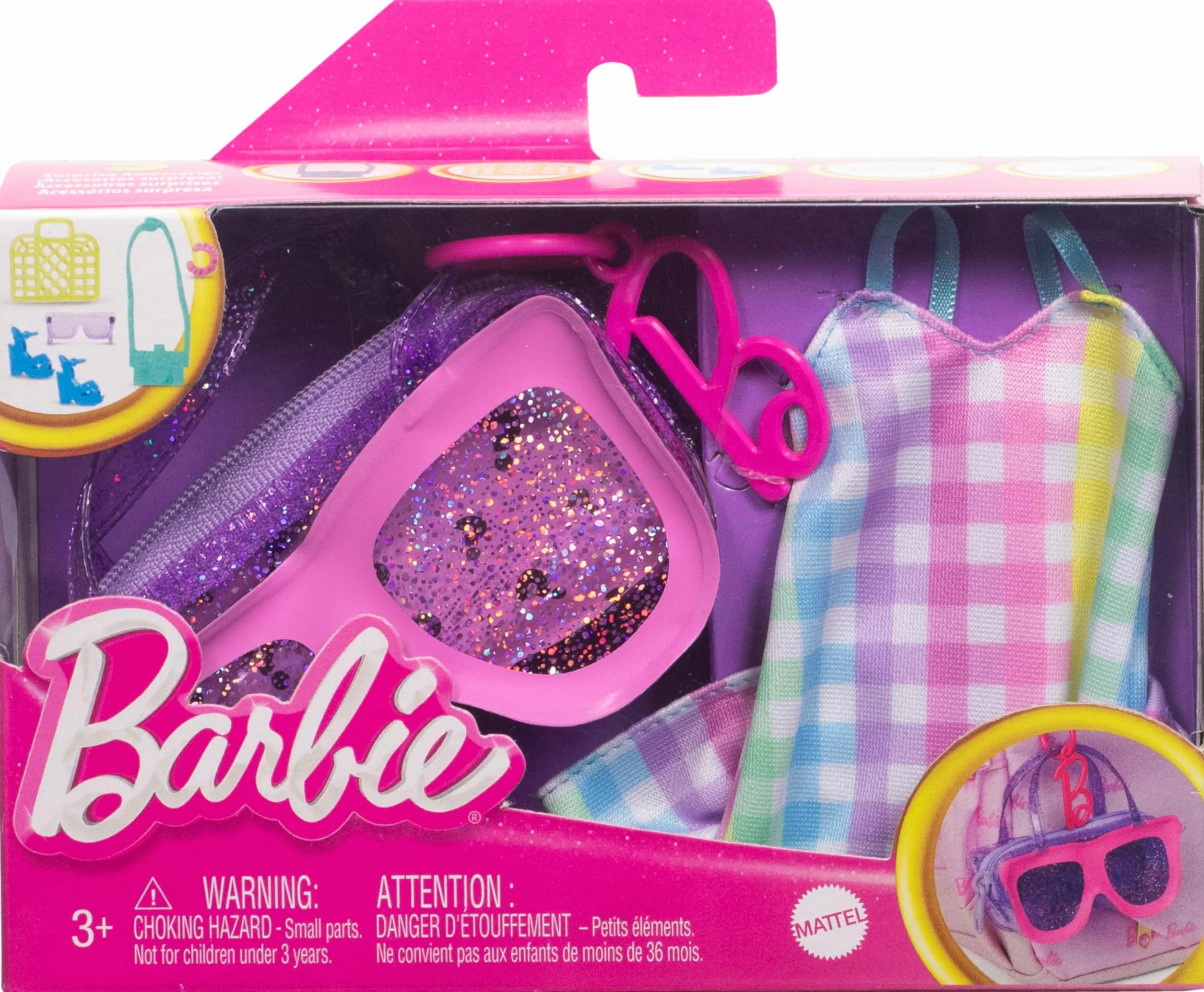 Barbie Ubrania i akcesoria, Luksusowa torba w kształcie okularów przeciwsłonecznych z brelokiem, wielokolorowa sukienka w kratkę i letnie akcesoria dla modnych lalek