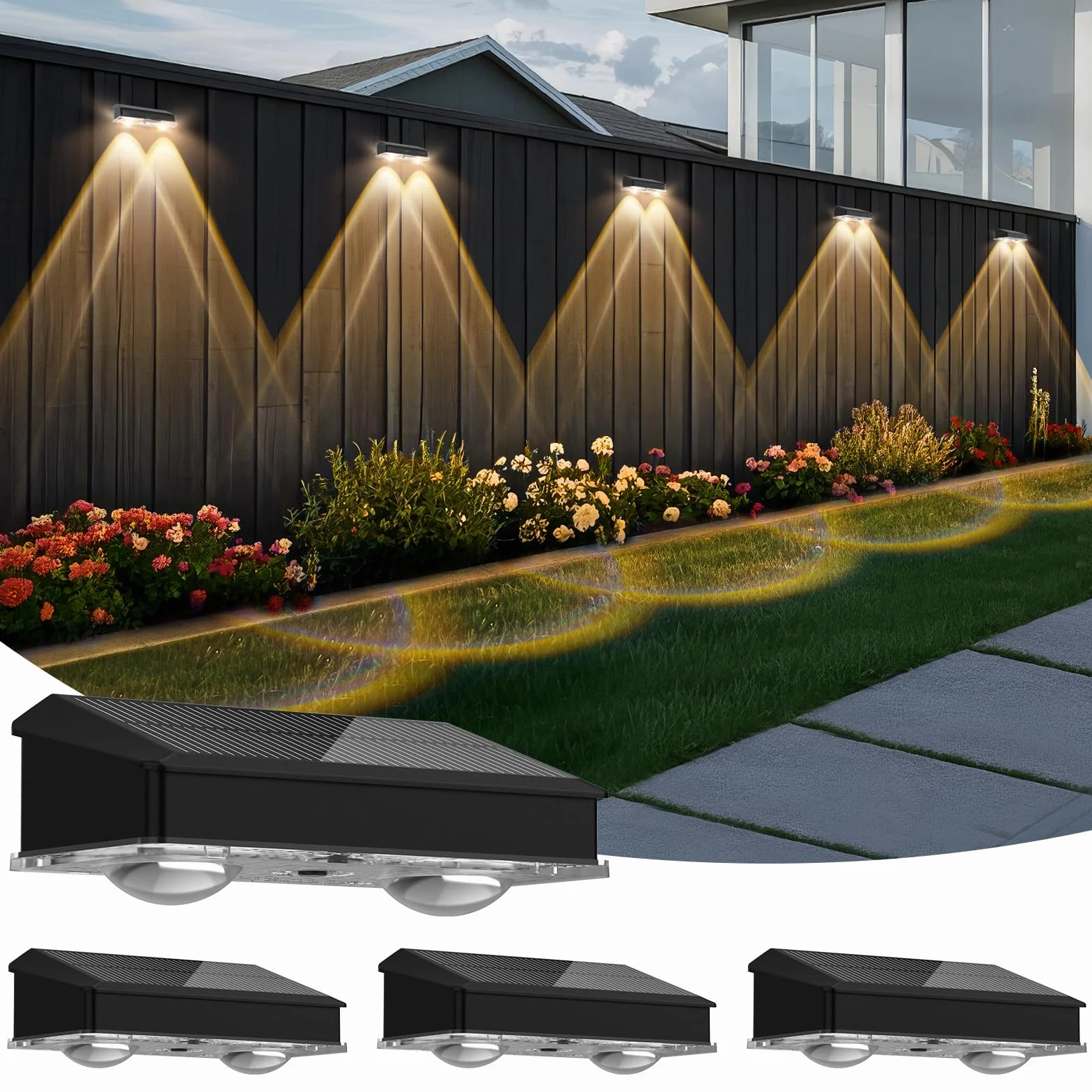 4 x solarna lampa solarna do użytku na zewnątrz, wodoodporna lampa solarna z 4 trybami ciepłej bieli / zimnej bieli / 2 trybami RGB, oświetlenie ogrodowe LED, na taras, ścianę, schody