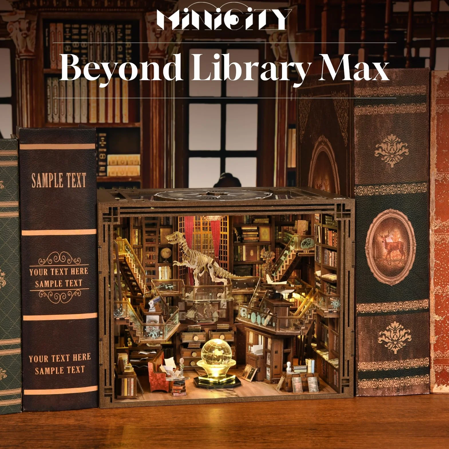 MiniCity Zestaw Book Nook, miniaturowy domek dla lalek 3D DIY, drewniane puzzle 3D, z dekoracją, ze światłem LED, dla nastolatków i dorosłych (Beyond Library Max)