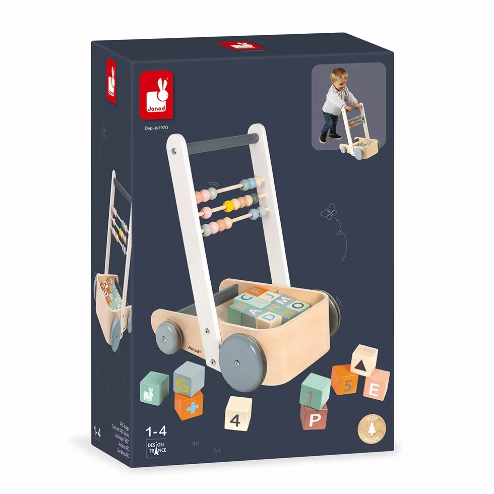 Janod - Sweet Cocoon Abc Buggy - Wooden Walking and Activity Cart - with 20 Alphabet Cubes, Numbers and Shapes Blocks + 3 Abacus Rows - Water Based Paints - from 1 Year Old, J04408