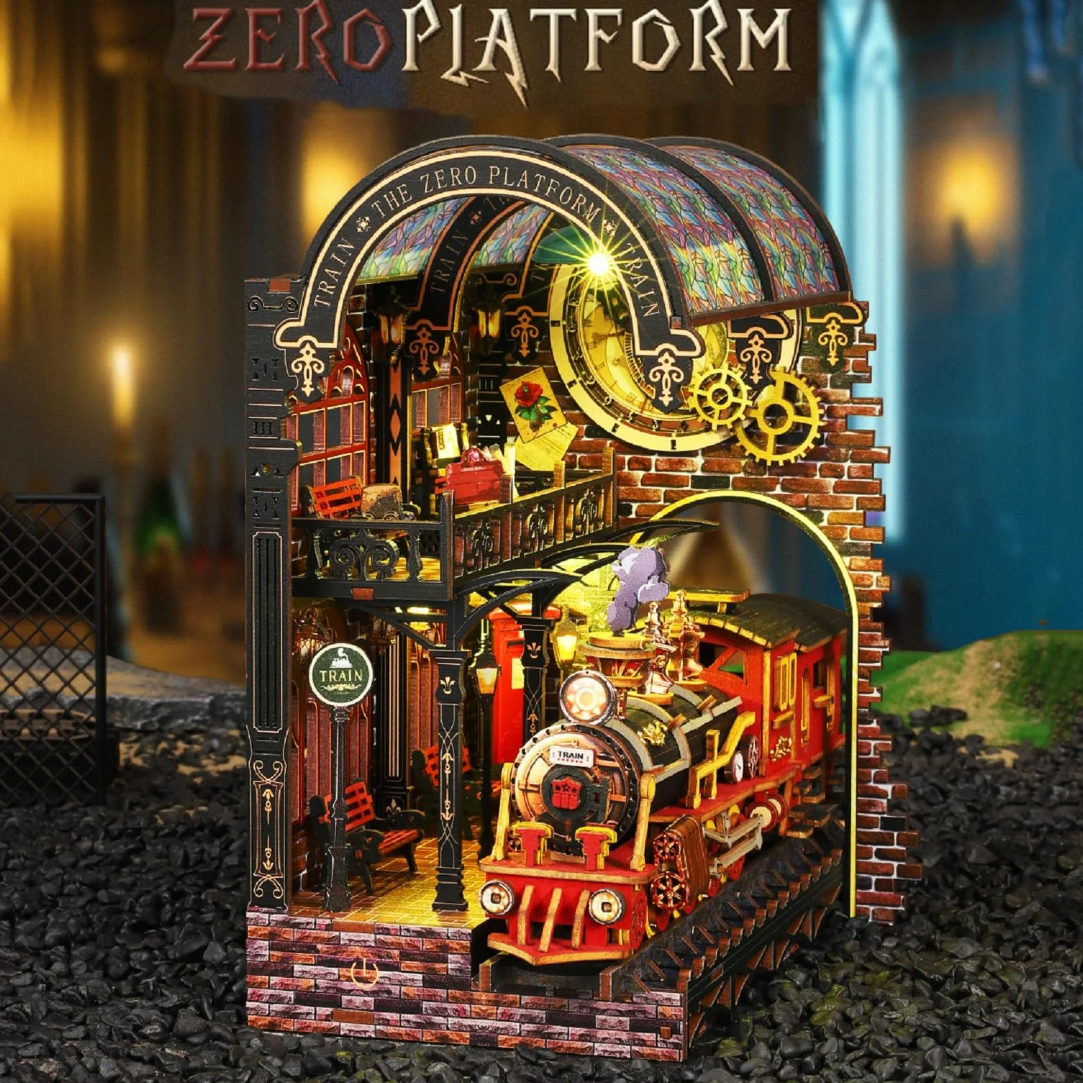 Drewniany zestaw kącika książek 3D puzzle podpórka na książki z LED miniaturowy domek steampunk