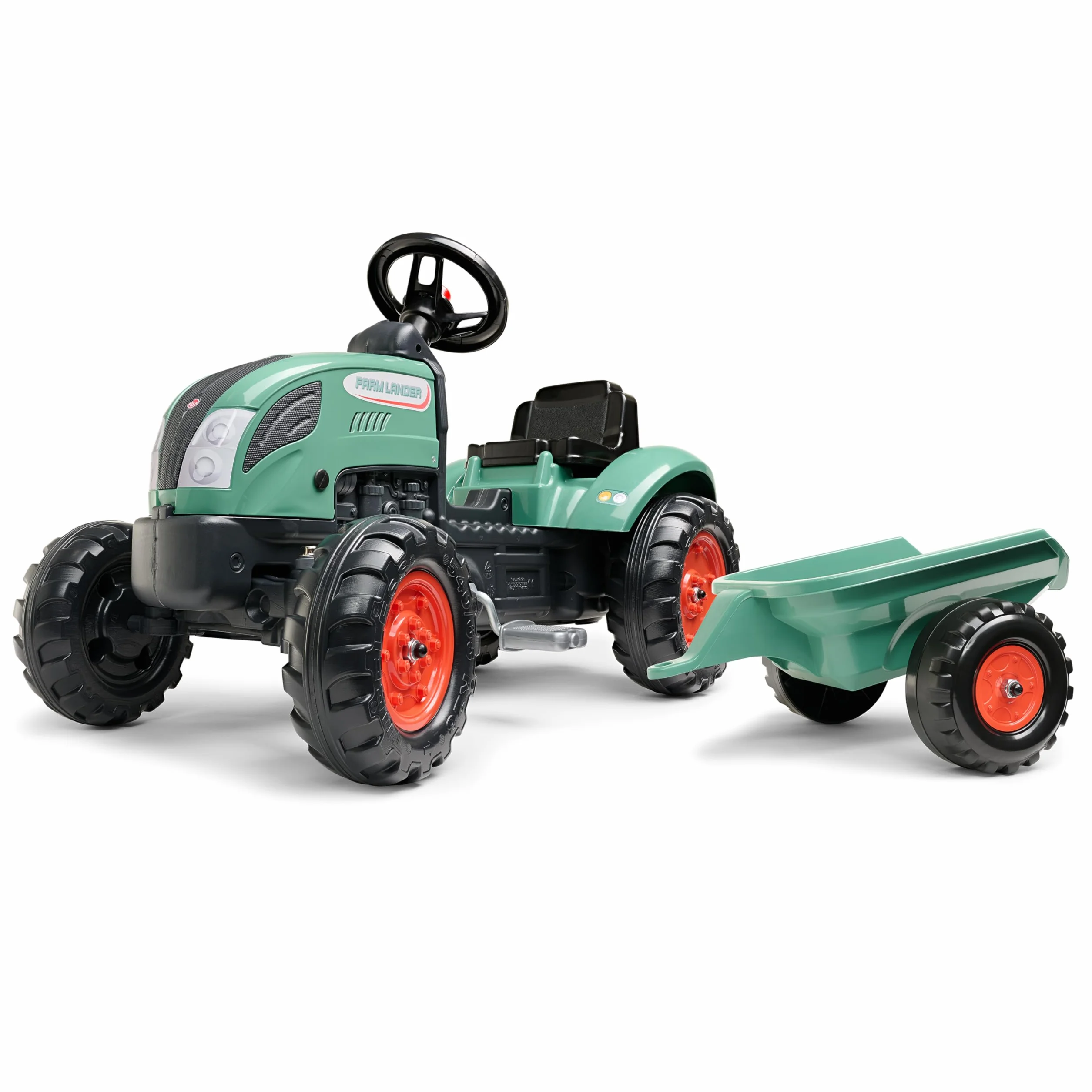 FALK Ciągnik pedałowy Farm Lander z przyczepą-od 2 lat - 50% plastiku pochodzącego z recyklingu - Wyprodukowano we Francji - Kierownica z klaksonem-2054L, 2054L, Ciemnozielony-2054L