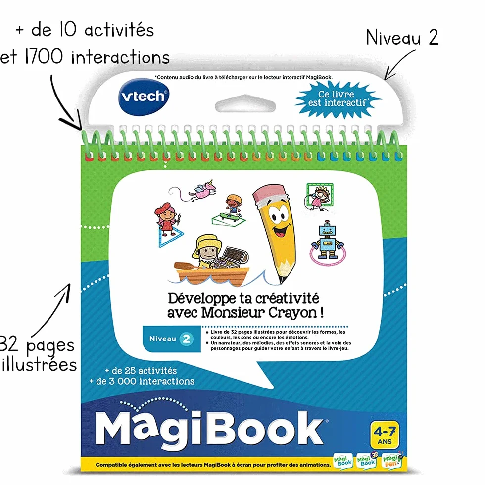 VTech - MagiBook, książka edukacyjna dla dzieci Level 2 Rozwiń swoją kreatywność z Mr. Ołówkiem, ilustrowanymi i interaktywnymi stronami, prezent dla chłopca i dziewczynki od 4 lat do 7 lat -