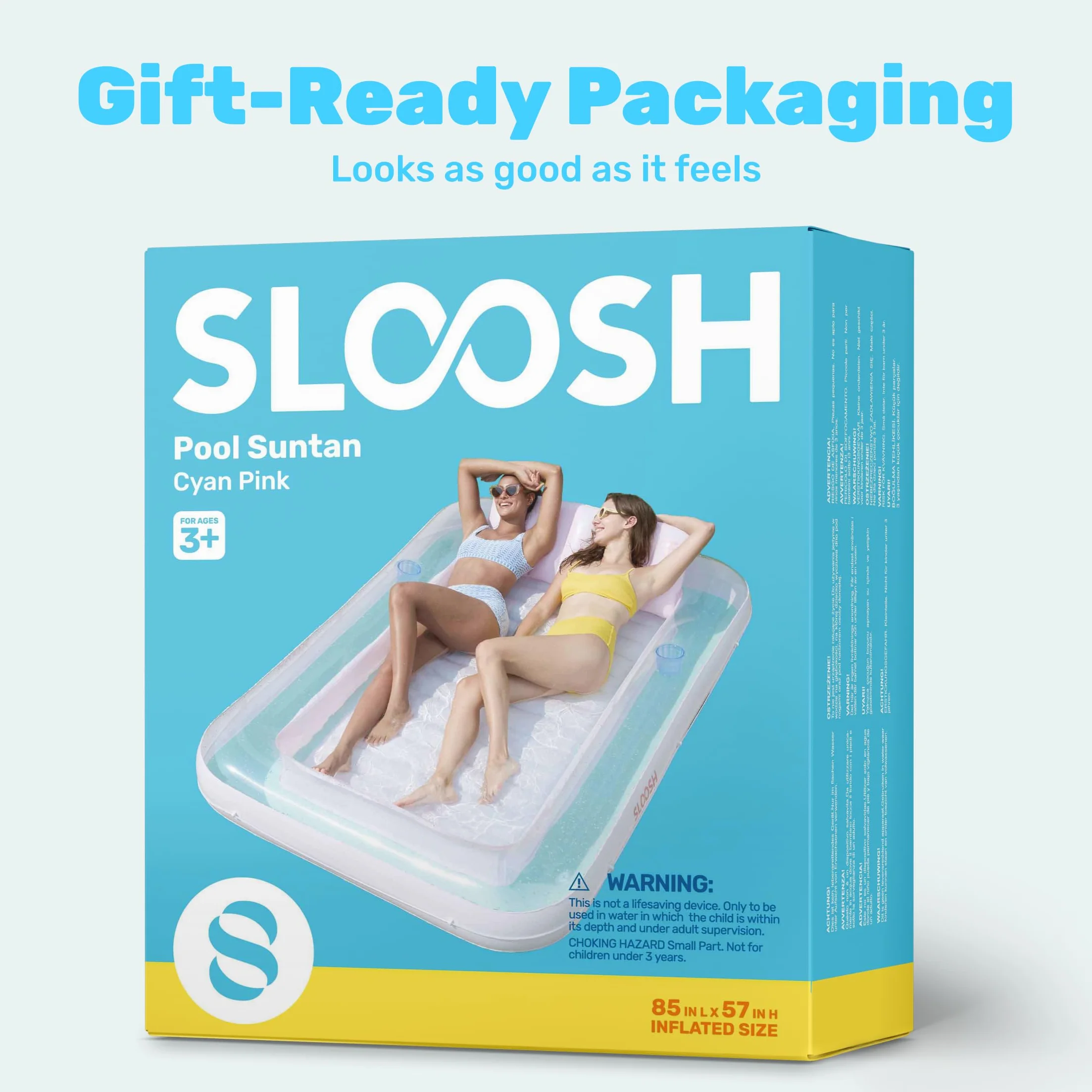 SLOOSH Nadmuchiwany leżak do opalania, 216 cm x 145 cm wanna do opalania dla dorosłych, pływająca mata do opalania na basenie, nadmuchiwana leżanka do opalania dla dorosłych, XL - cyanowo-różowa