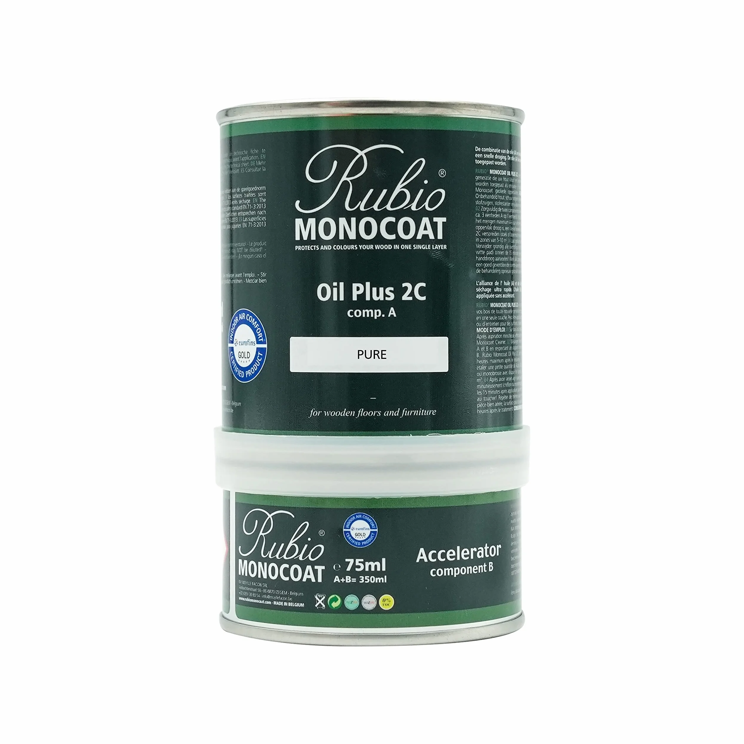 Rubio Monocoat Wykończenie olejowe do drewna, 14 m² – Pure | Oil Plus 2C | szybkoschnący, ekologiczny olej lniany do użytku w pomieszczeniach, wraz z przyspieszaczem (część B) | ochraniacz, 350 ml