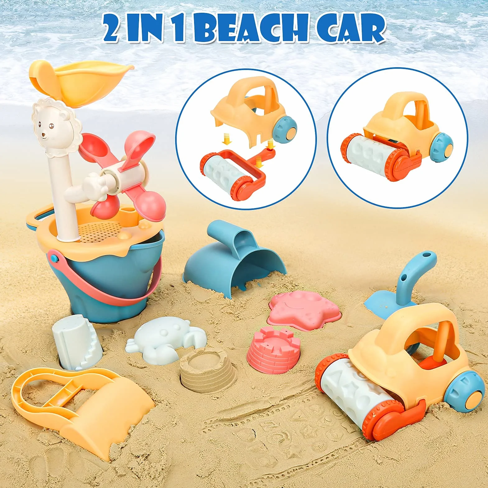 Sanlebi Sand Beach Zabawki dla dzieci, miękkie materiały piaskownica z wiadrem i łopatką, torba z siatki wielokrotnego użytku, letnie gry plażowe dla małych dzieci