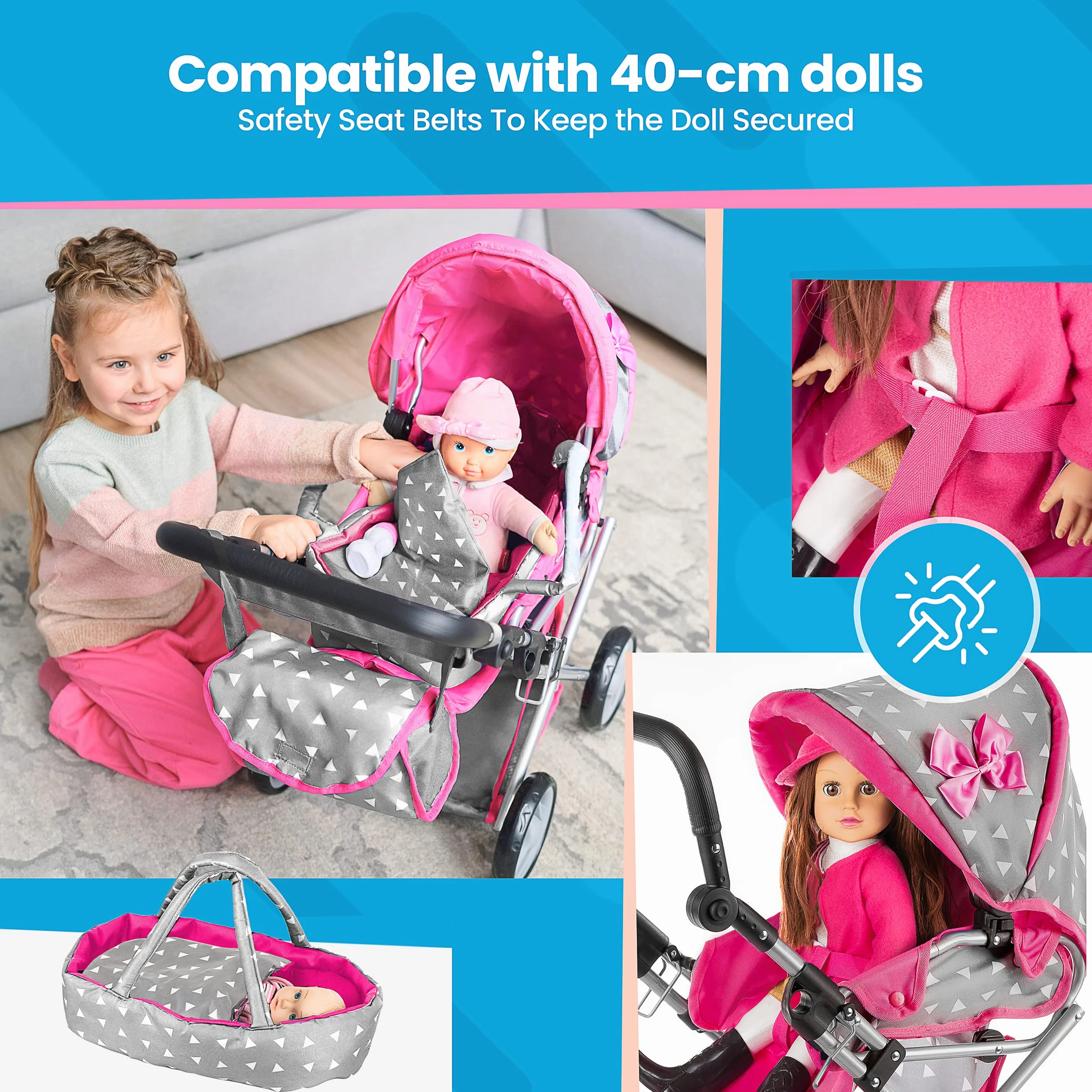 Kinderplay wózek dla lalek - spacerówka gondola 3w1, KP0200S