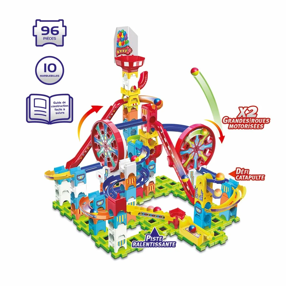 VTech - Marble Rush, elektroniczna wycieczka kulkowa Adventure Park Challenge L300E, zestaw konstrukcyjny, 96 sztuk, 10 kulek, prezent dla dzieci od 4 lat - Zawartość w języku francuskim
