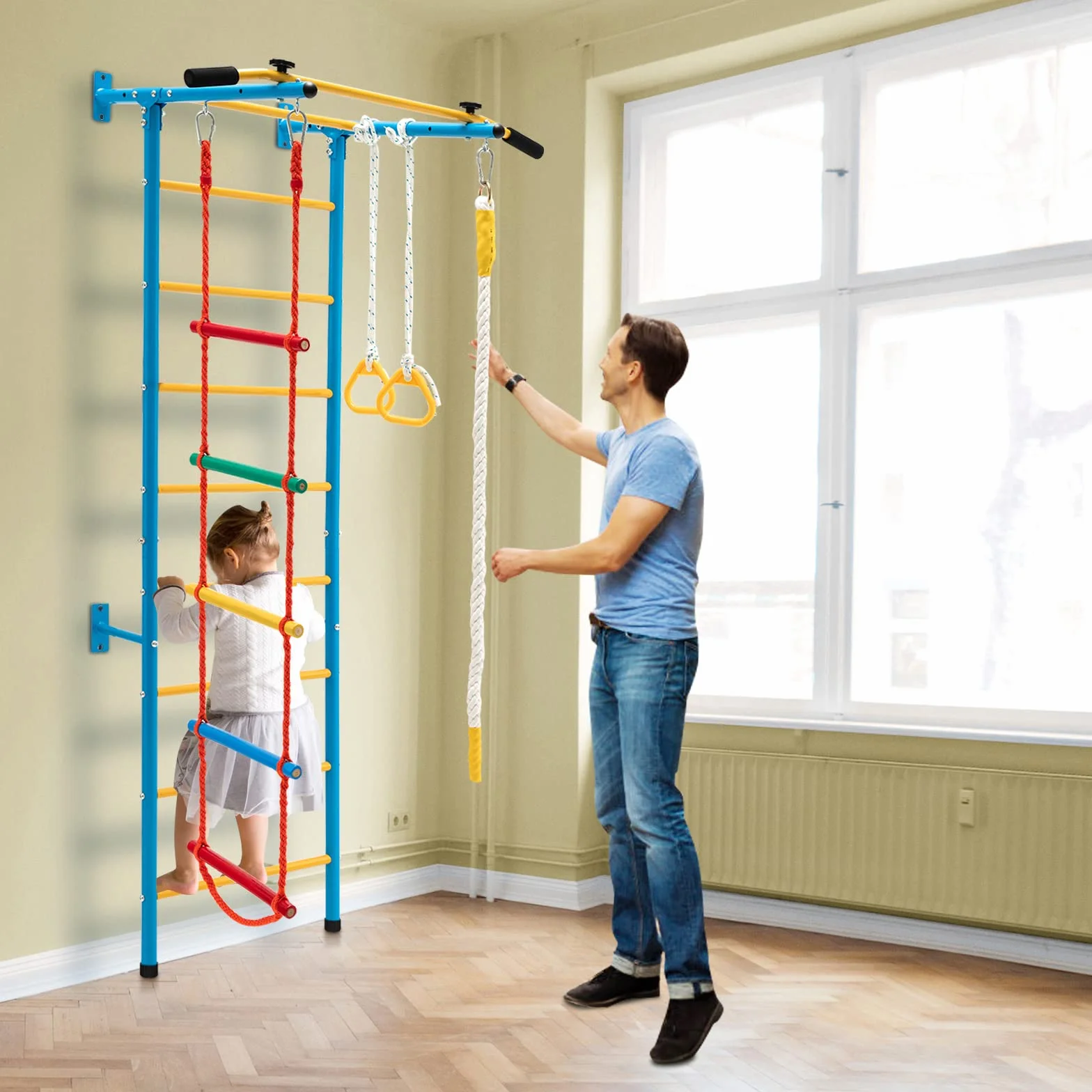 COSTWAY Ścianka wspinaczkowa dla dzieci, metalowa ścianka gimnastyczna, sprzęt gimnastyczny, rusztowanie wspinaczkowe, 107 x 83 x 223 cm, sprzęt sportowy dla dzieci i dorosłych do 100 kg (żółty i