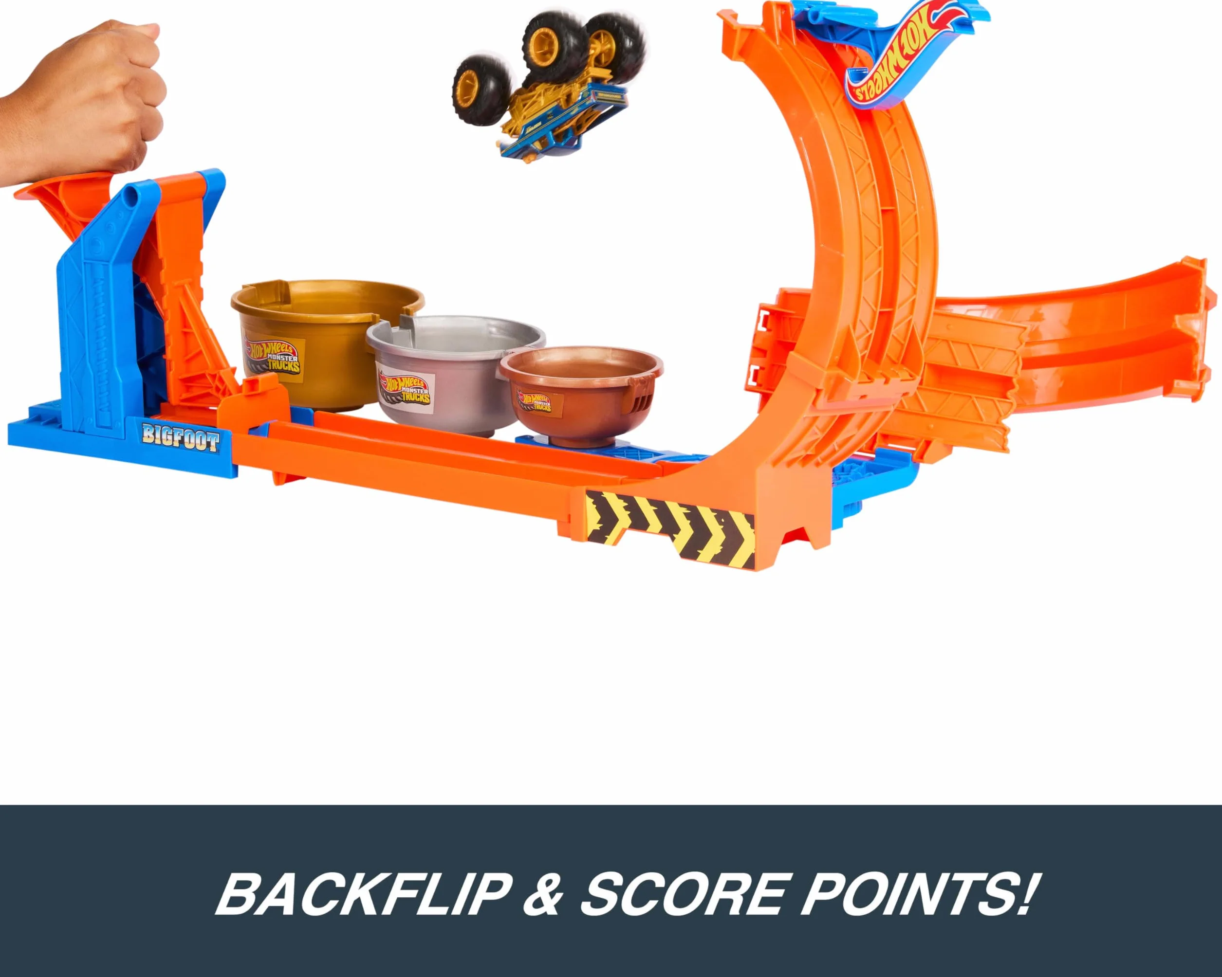 Hot Wheels Monster Trucks Bigfoot 50 rocznica Pętla Skok po trofeum Zestaw do zabawy, pętla, tor samochodowy, 1 metalowy pojazd Bigfoot w skali 1:64 na 50 rocznicę, 2 sposoby zabawy, JBX64