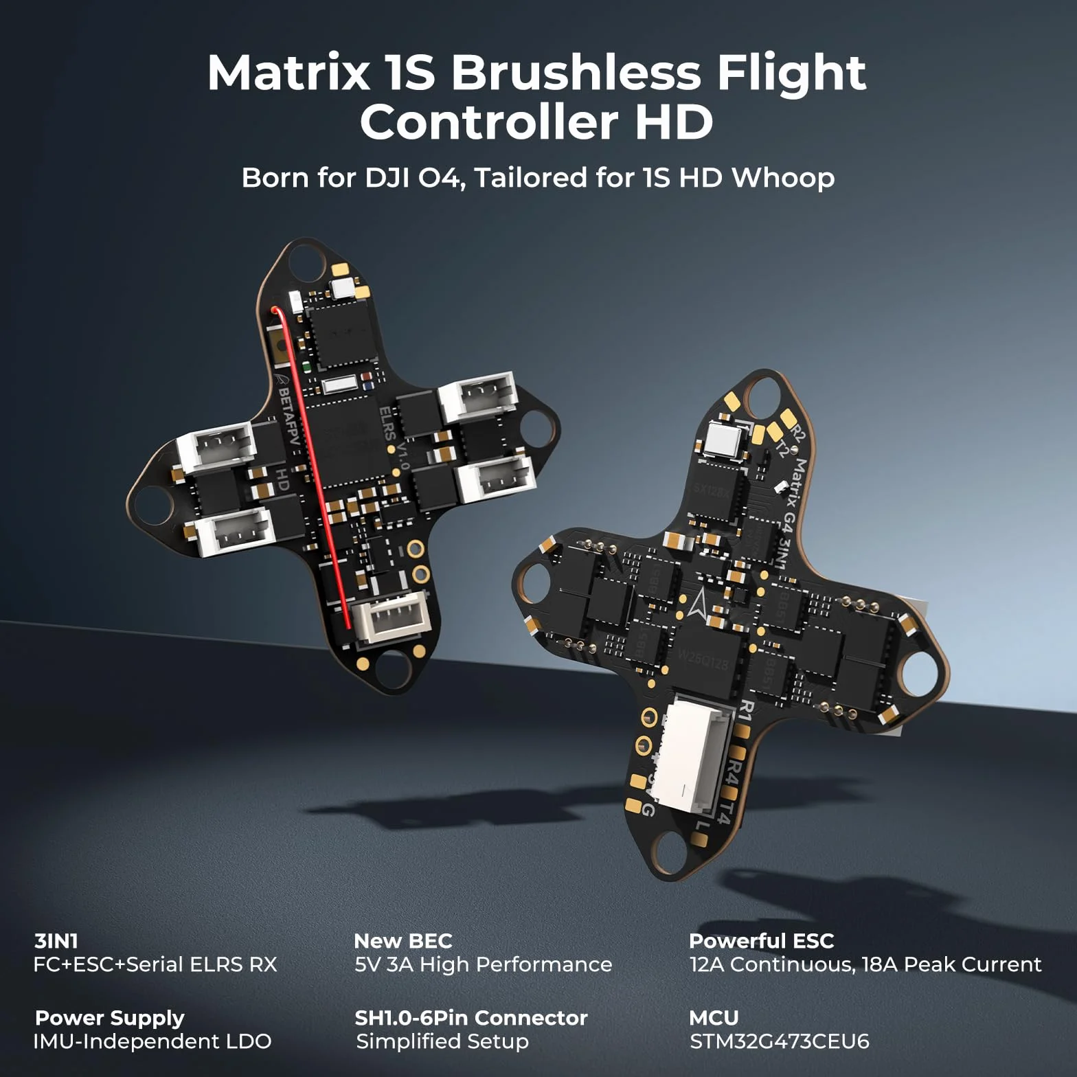 BETAFPV Matrix 1S G4 3IN1 HD bezszczotkowy FC, Serial ELRS RX 5V 3A BEC, 12A ESC, 16MB Blackbox, SH1.0-6Pin Conn. do jednostki powietrznej O4