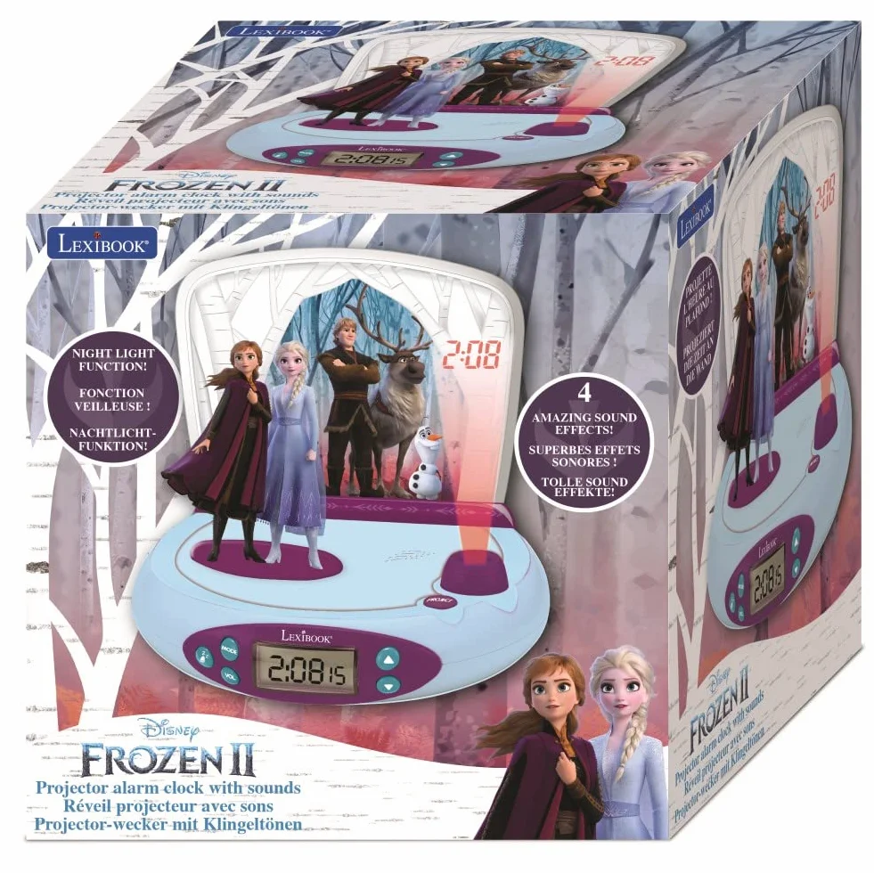 Lexibook Disney Frozen 2 Elsa & Anna, Budzik z Projektorem, Lampka Nocna, Projekcja Czasu na Sufit, Efekty Dźwiękowe, Zasilanie Bateryjne, Niebieski, Fioletowy, Jeden Rozmiar