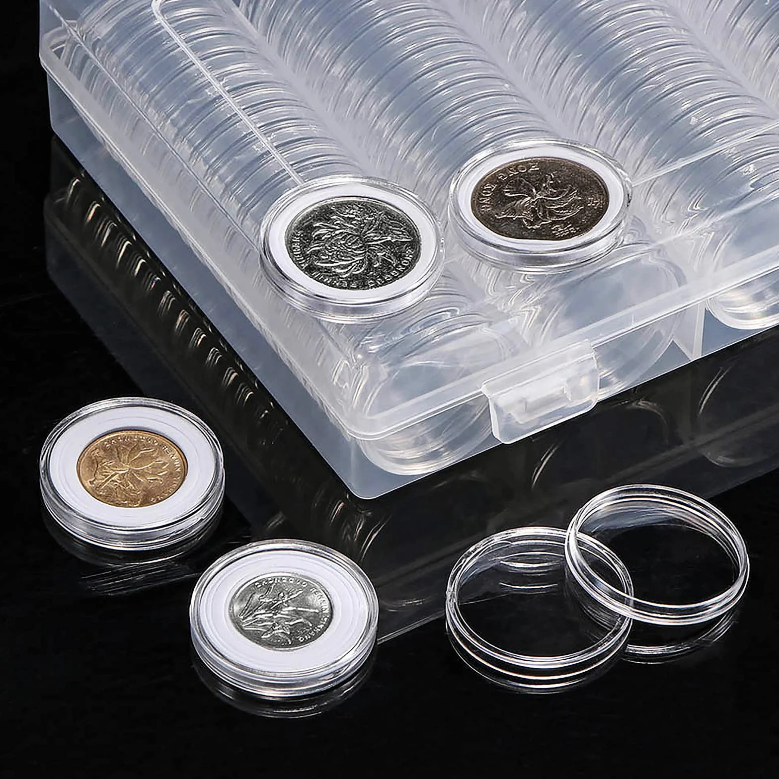 100 sztuk kapsułek na monety 30 mm, przezroczyste kapsułki na monety z pudełkiem do przechowywania, 5 rozmiarów, okrągłe akrylowe tworzywo sztuczne, pojemnik do przechowywania monet
