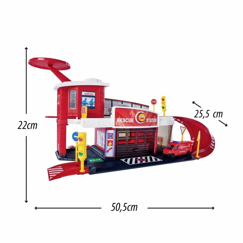 Dickie Toys 212050038 Stacja strażacka, wyrzutnia i wóz strażacki die cast Renault Master 7,5cm, 50x25x22cm