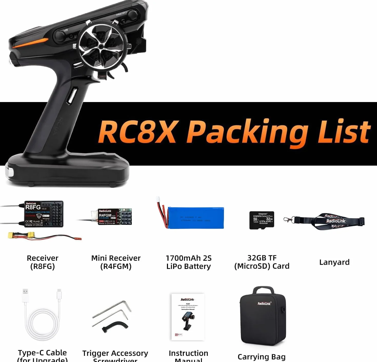 Radiolink RC Nadajnik RC8X 8 Kanałów 2.4G i 2 Odbiorniki Żyroskopowe R8FG i R4FGM – Zdalny Kontroler Radiowy z Telemetrią Napięciową i Ekranem FPV do Samochodów RC, Łodzi i Pojazdów Gąsienicowych