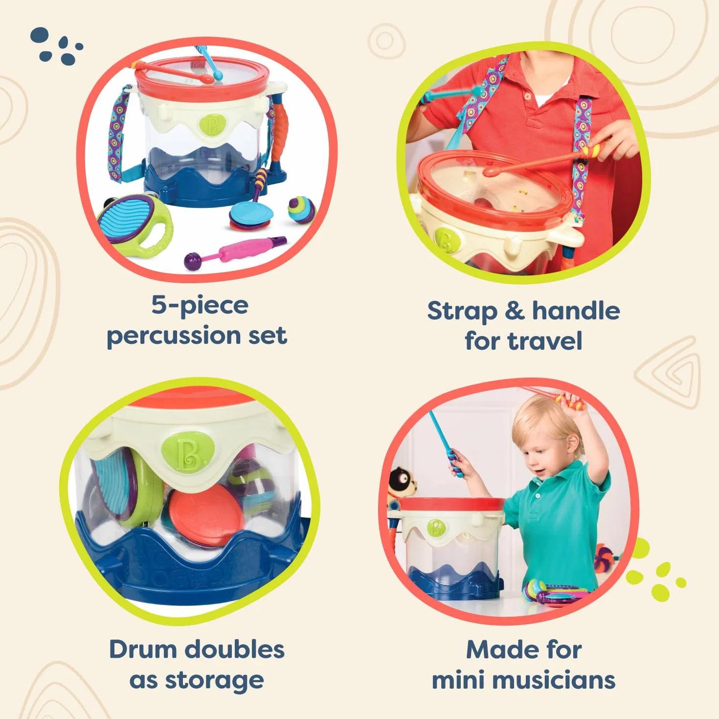 B. toys by Battat - B. Drumroll - zestaw perkusji do zabawy (zawiera 7 instrumentów perkusyjnych dla dzieci)