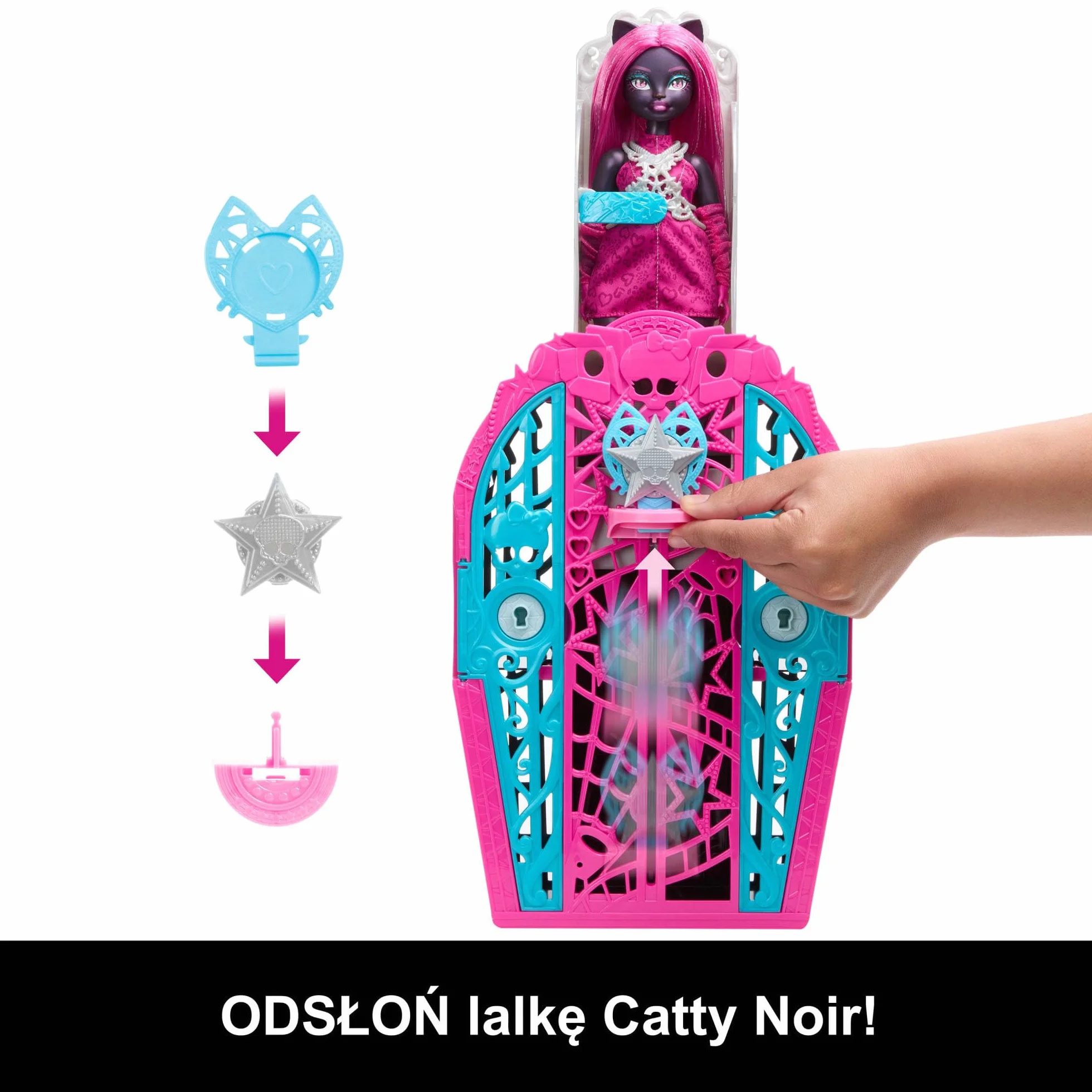 Monster High Straszysekrety Catty Noir Seria 6 Tajemnice Hollyduch Zestaw lalka, szafa i ponad 19 niespodzianek, w tym ubranka dla lalki i akcesoria, JBG82
