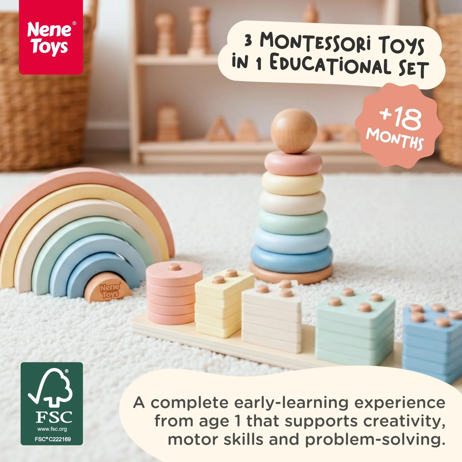 Nene Toys Drewniana Zabawka Montessori 3-w-1 dla Dzieci 1–3 Lata – Tęcza, Wieża do Układania i Sorter Kształtów – Pastelowe Kolory